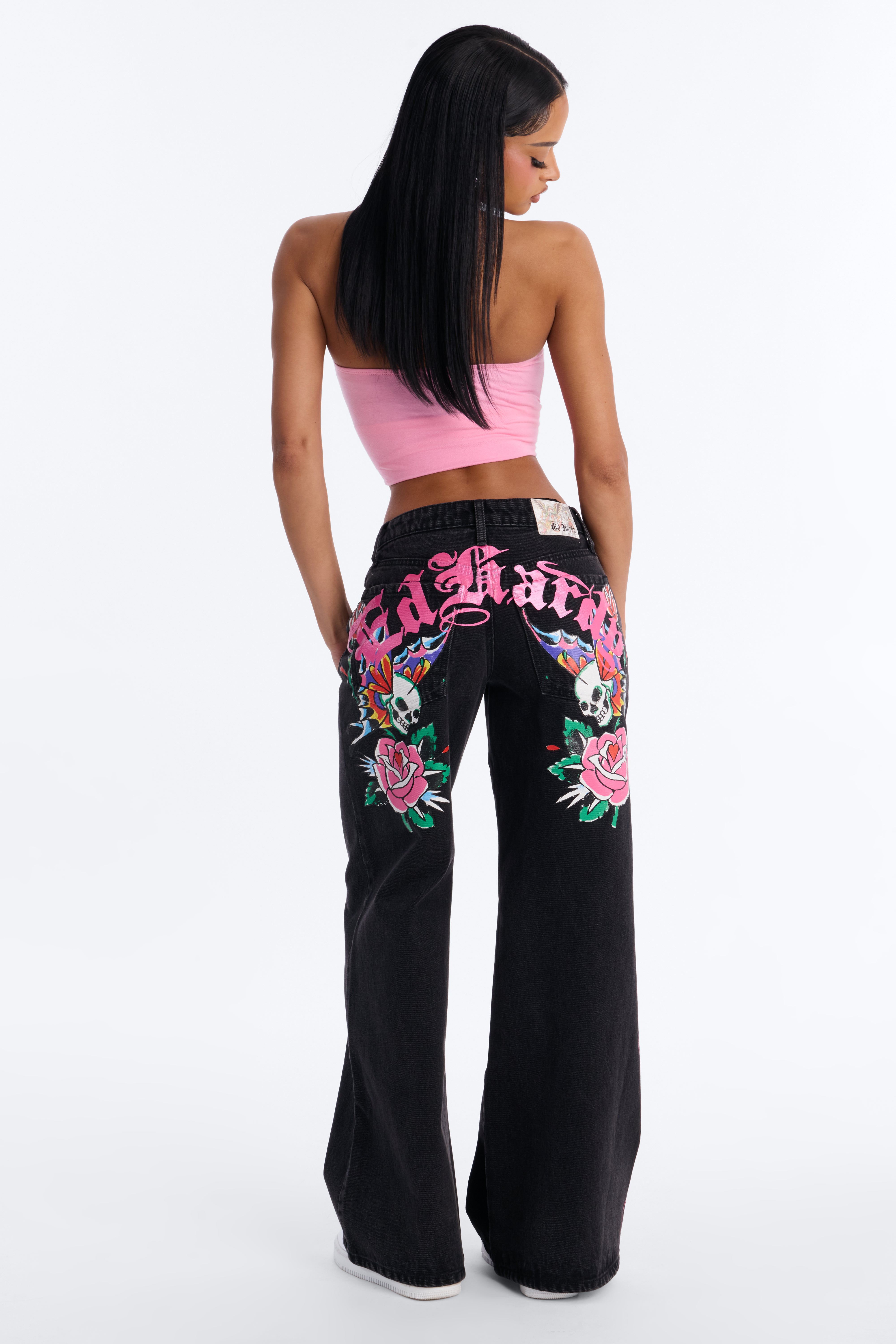 Ed Hardy Skull Flower Wide Leg Jeans - Black