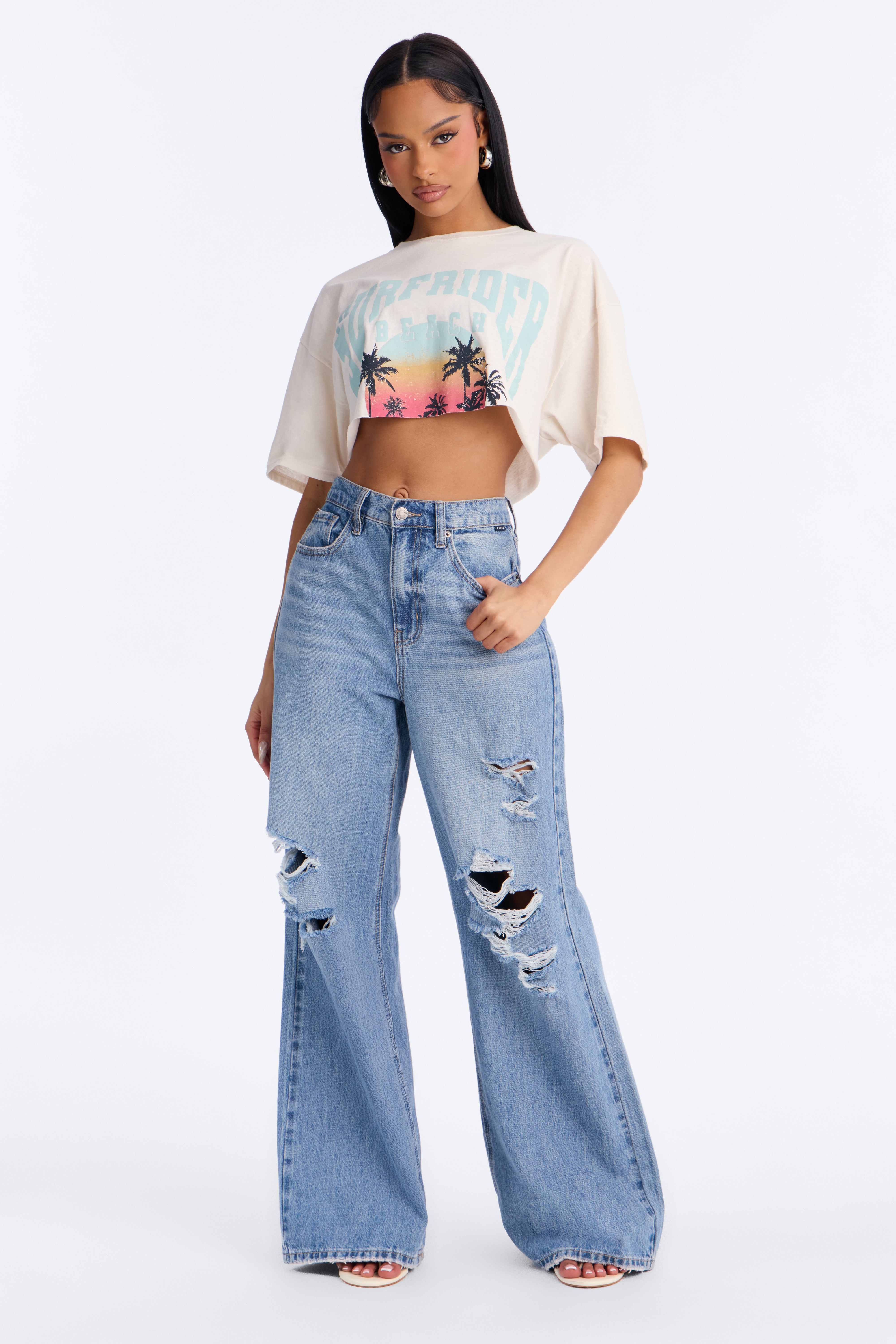 Sunset Surfrider Cropped Tee - Cream