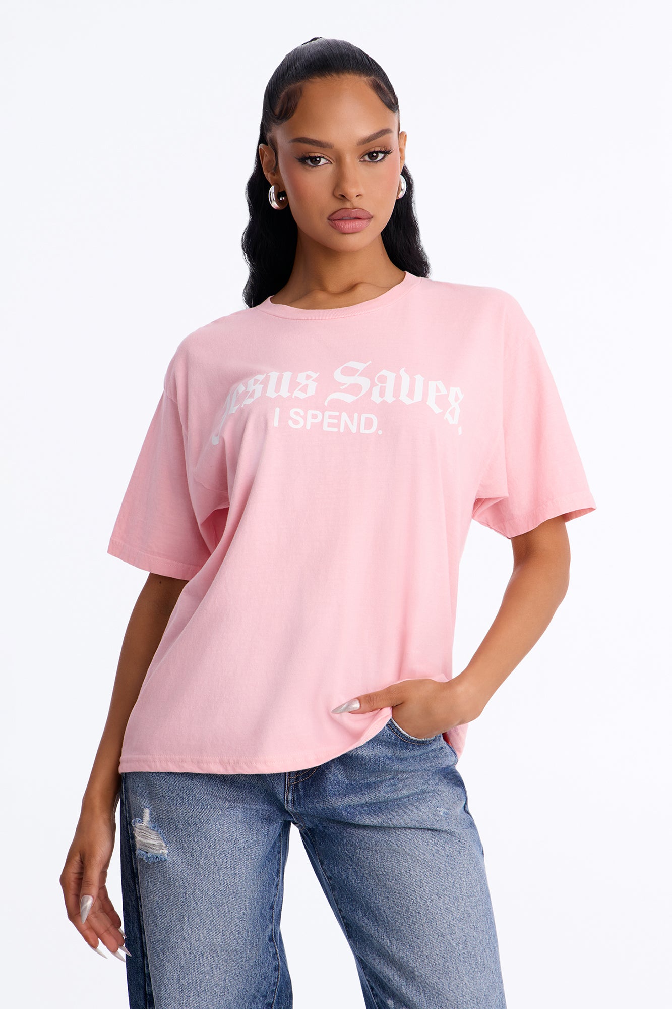 Jesus Saves I Spend Washed T-Shirt - Pink