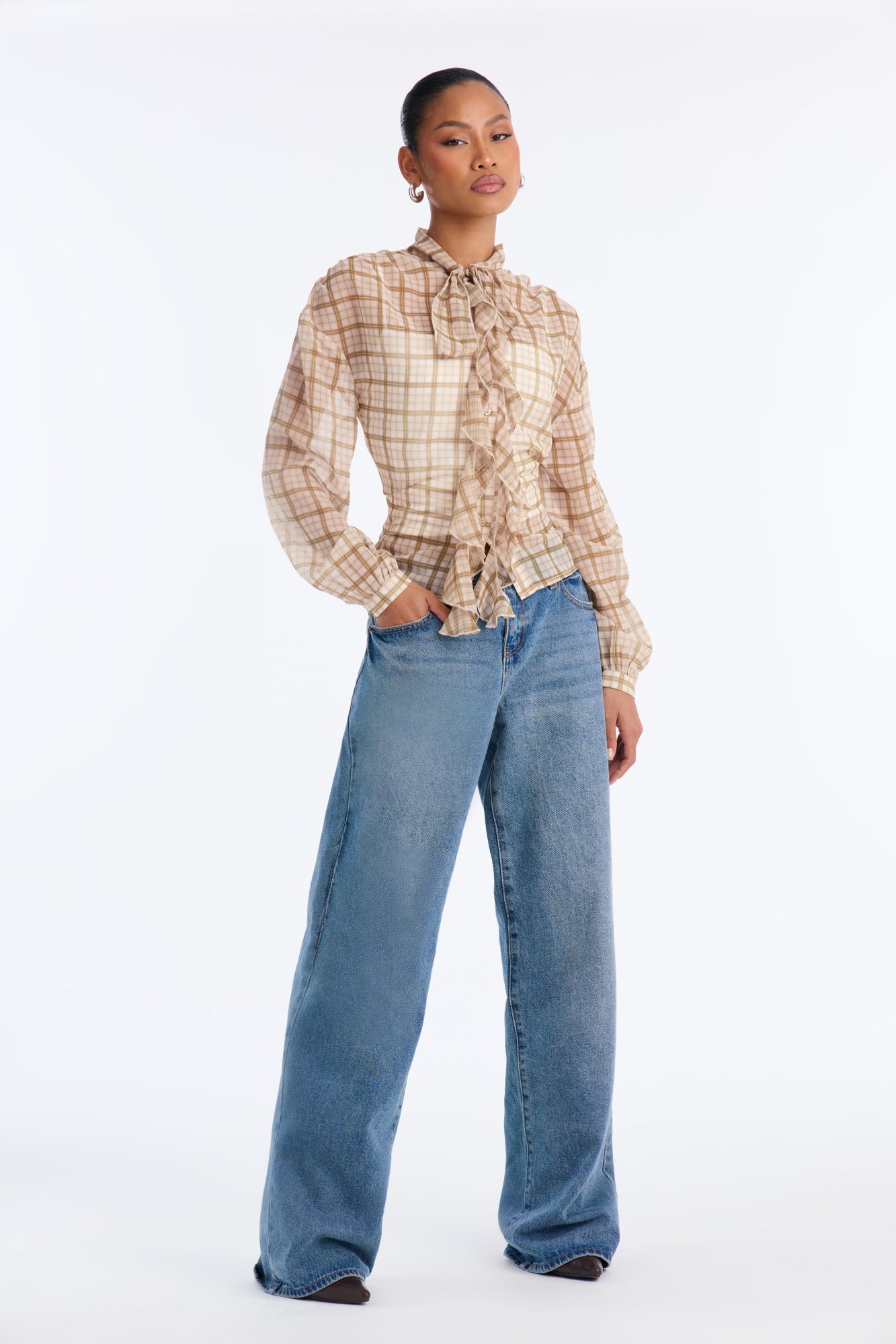 Rosalina Ruffled Plaid Chiffon Blouse - Olive/combo