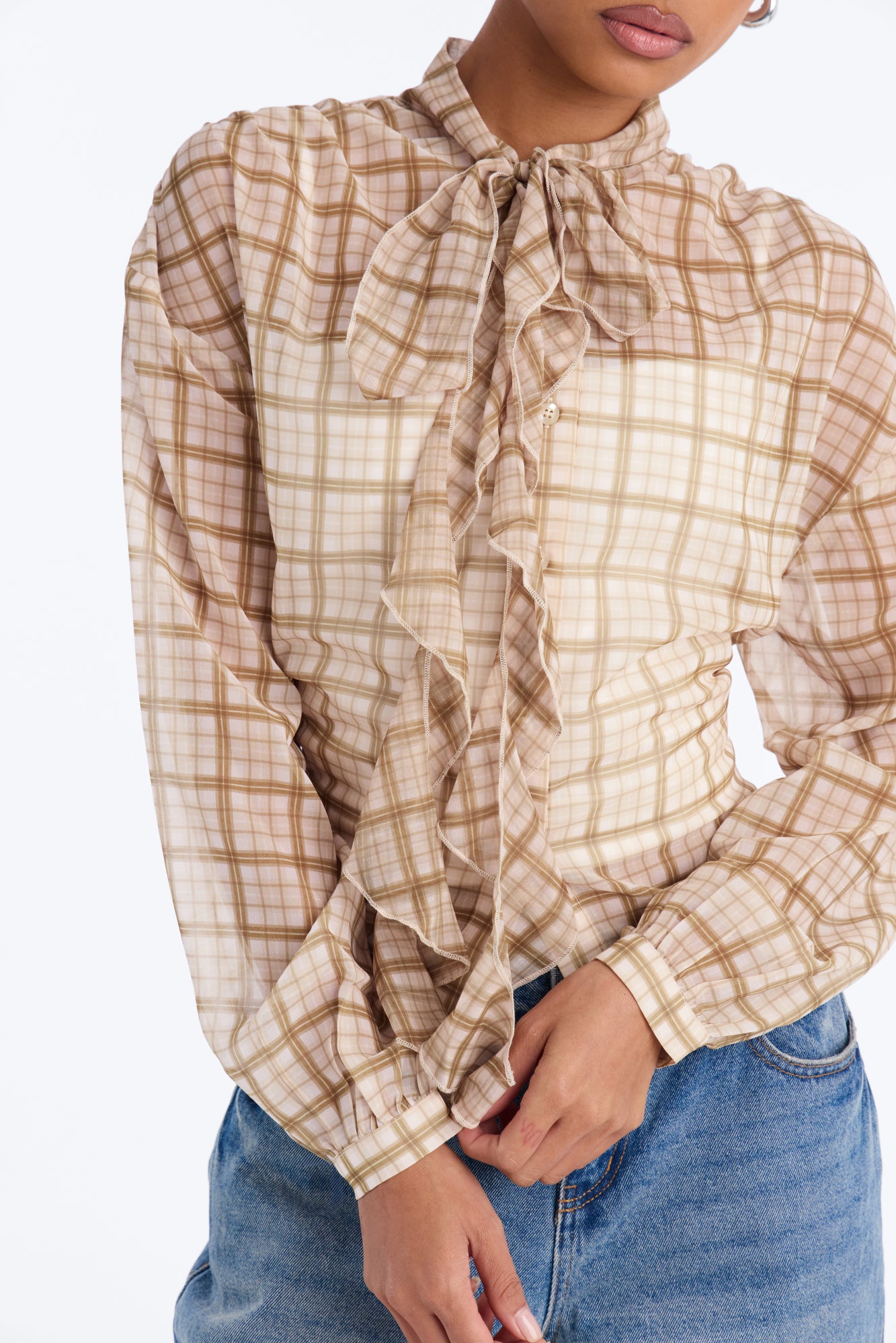 Rosalina Ruffled Plaid Chiffon Blouse - Olive/combo