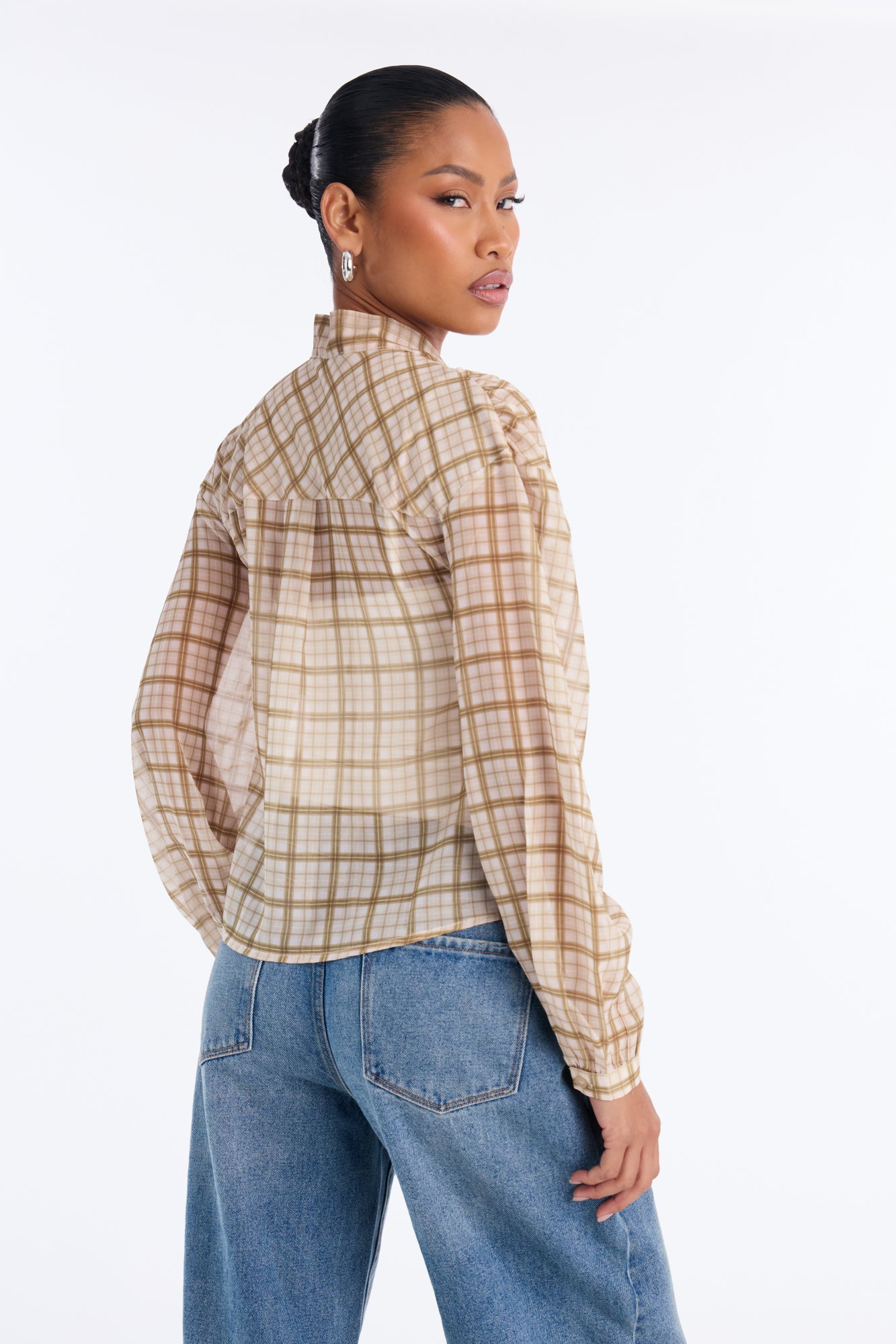 Rosalina Ruffled Plaid Chiffon Blouse - Olive/combo