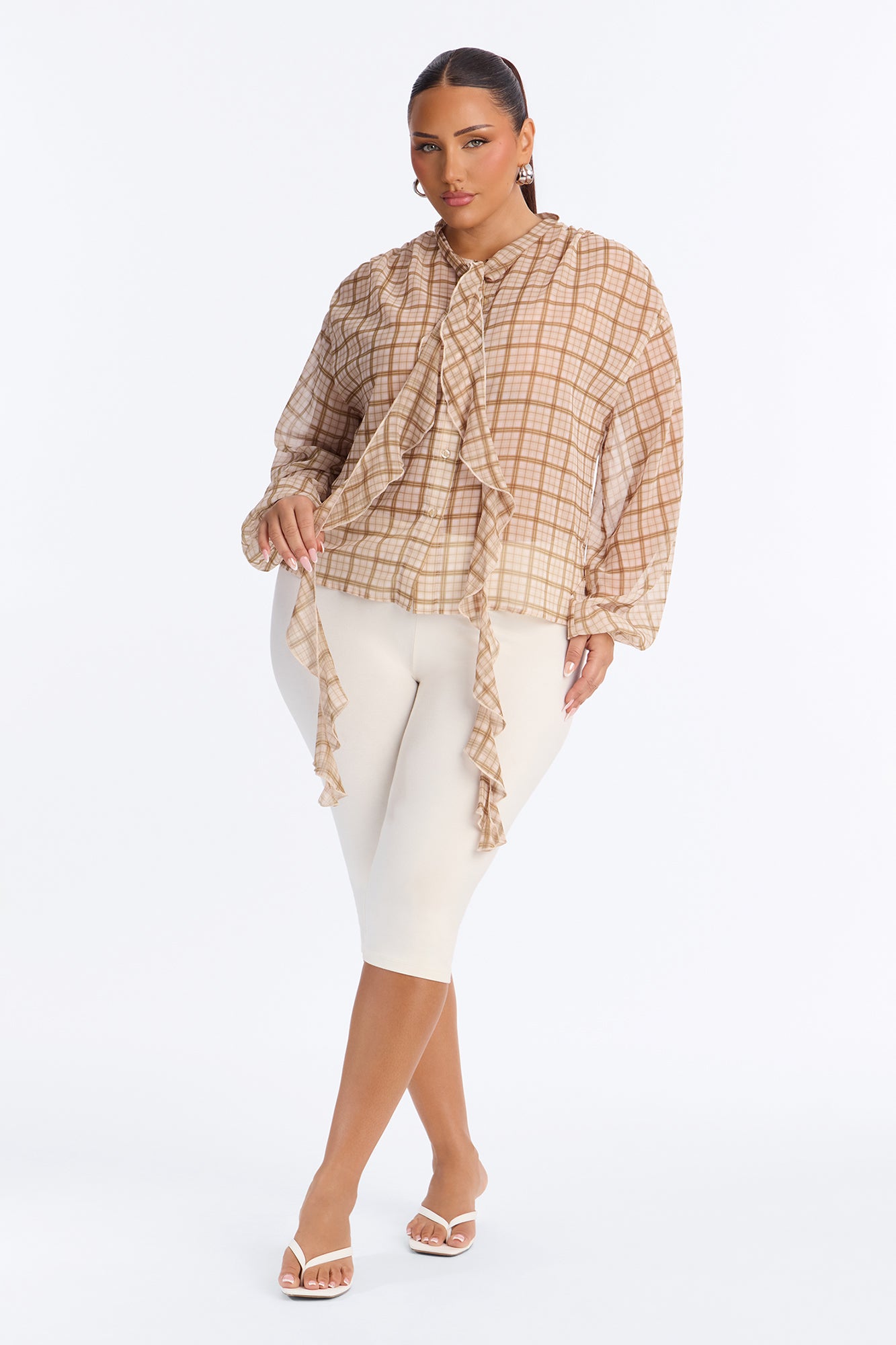 Rosalina Ruffled Plaid Chiffon Blouse - Olive/combo