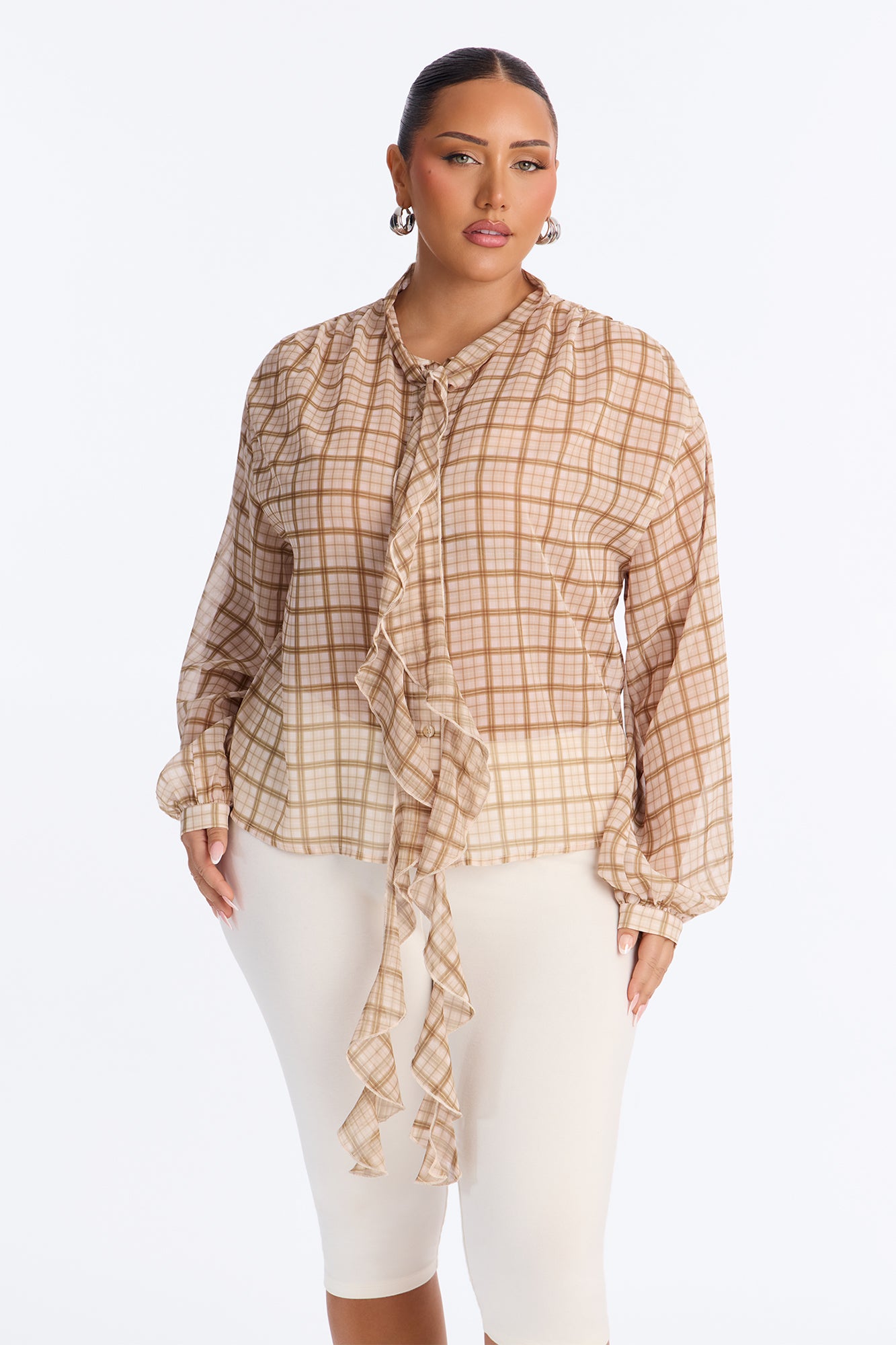 Rosalina Ruffled Plaid Chiffon Blouse - Olive/combo