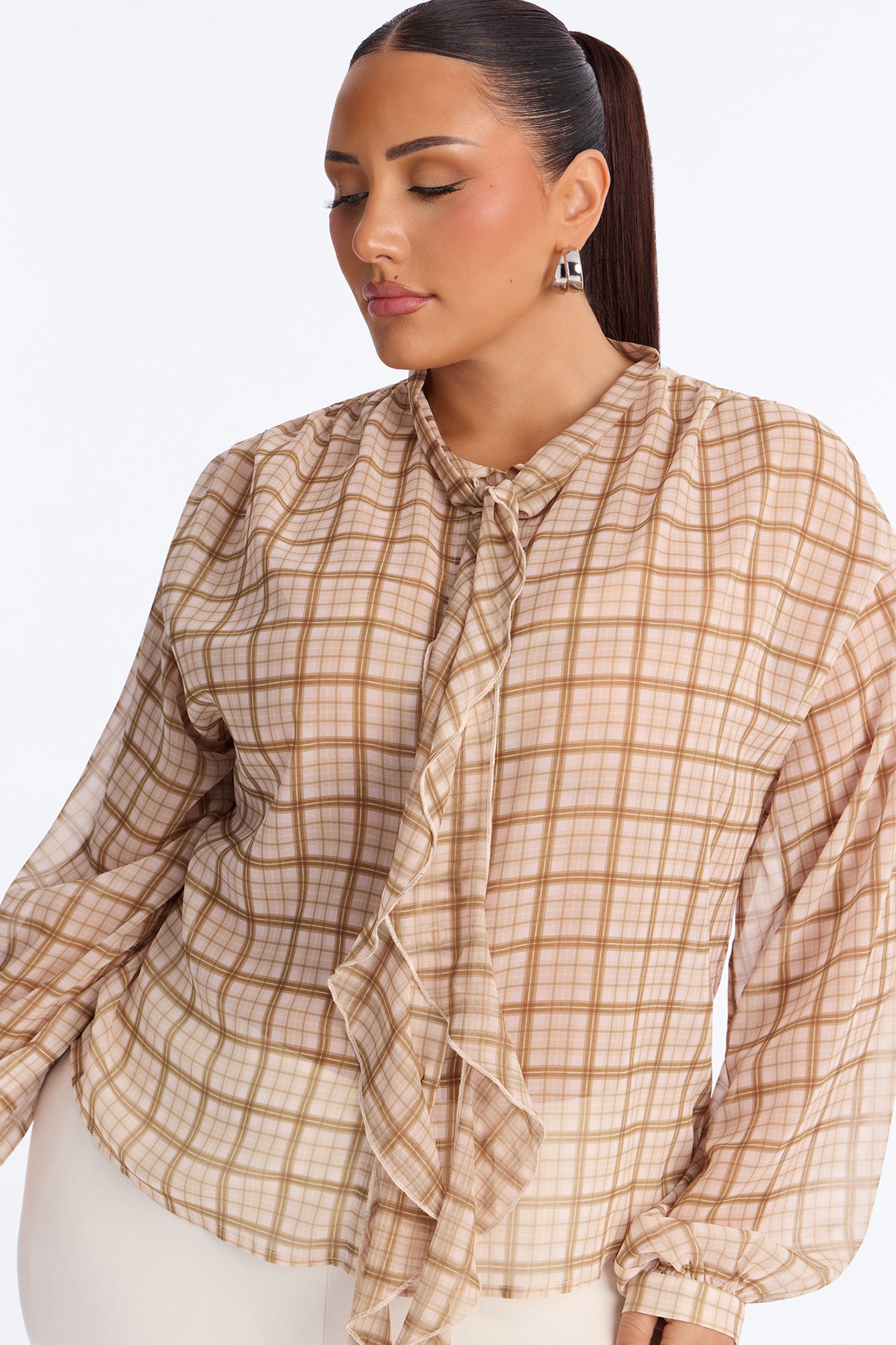 Rosalina Ruffled Plaid Chiffon Blouse - Olive/combo