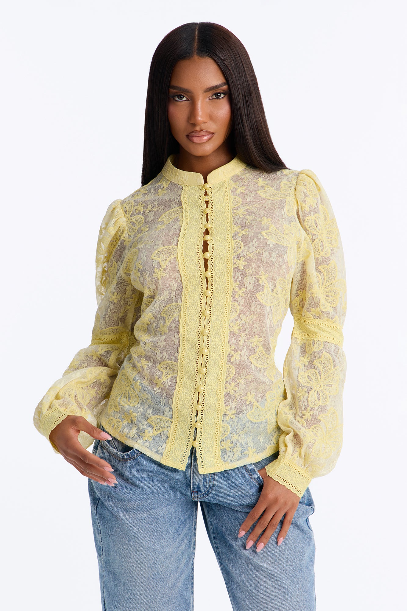 First Impression Floral Lace Shirt - Butter Yellow