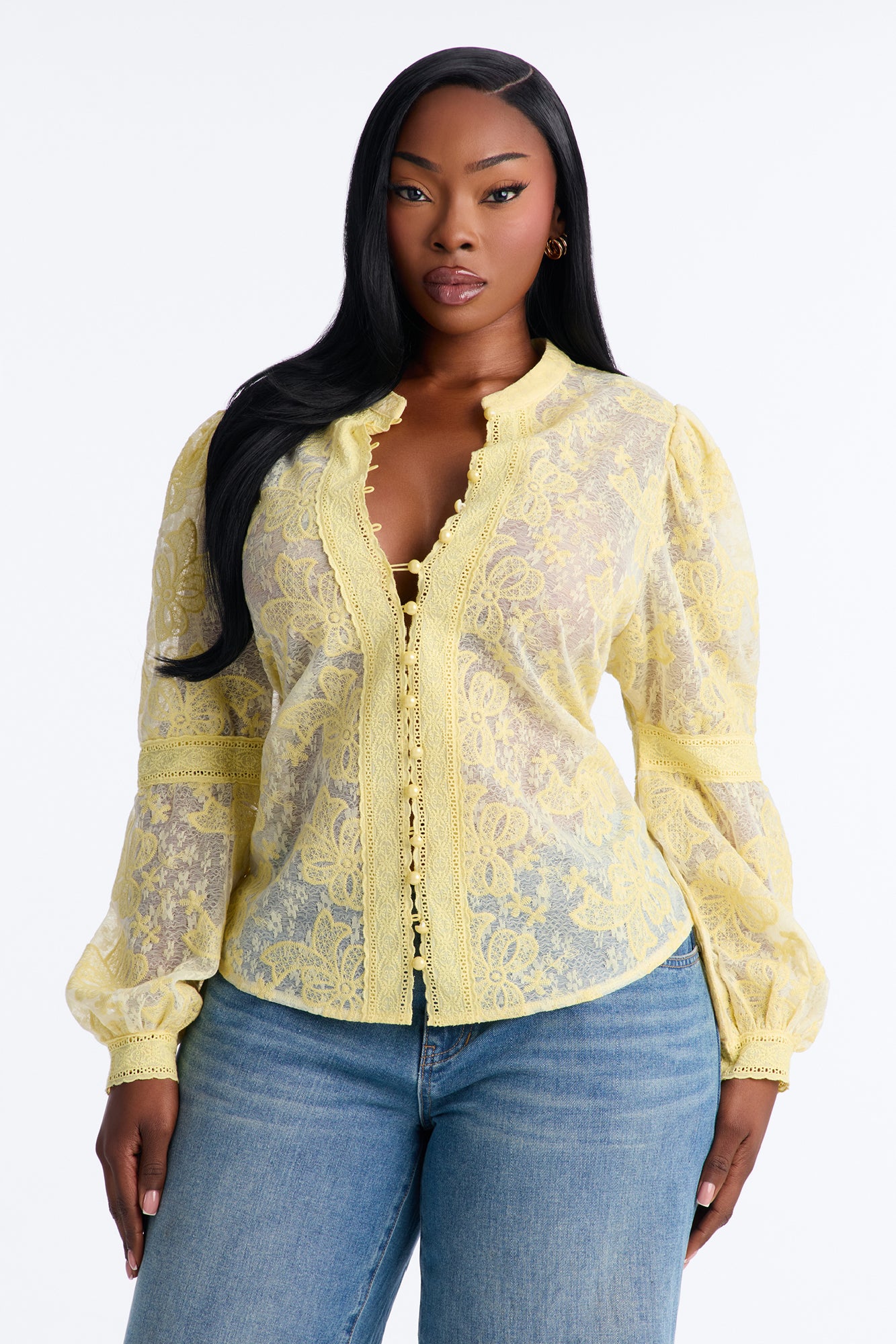 First Impression Floral Lace Shirt - Butter Yellow