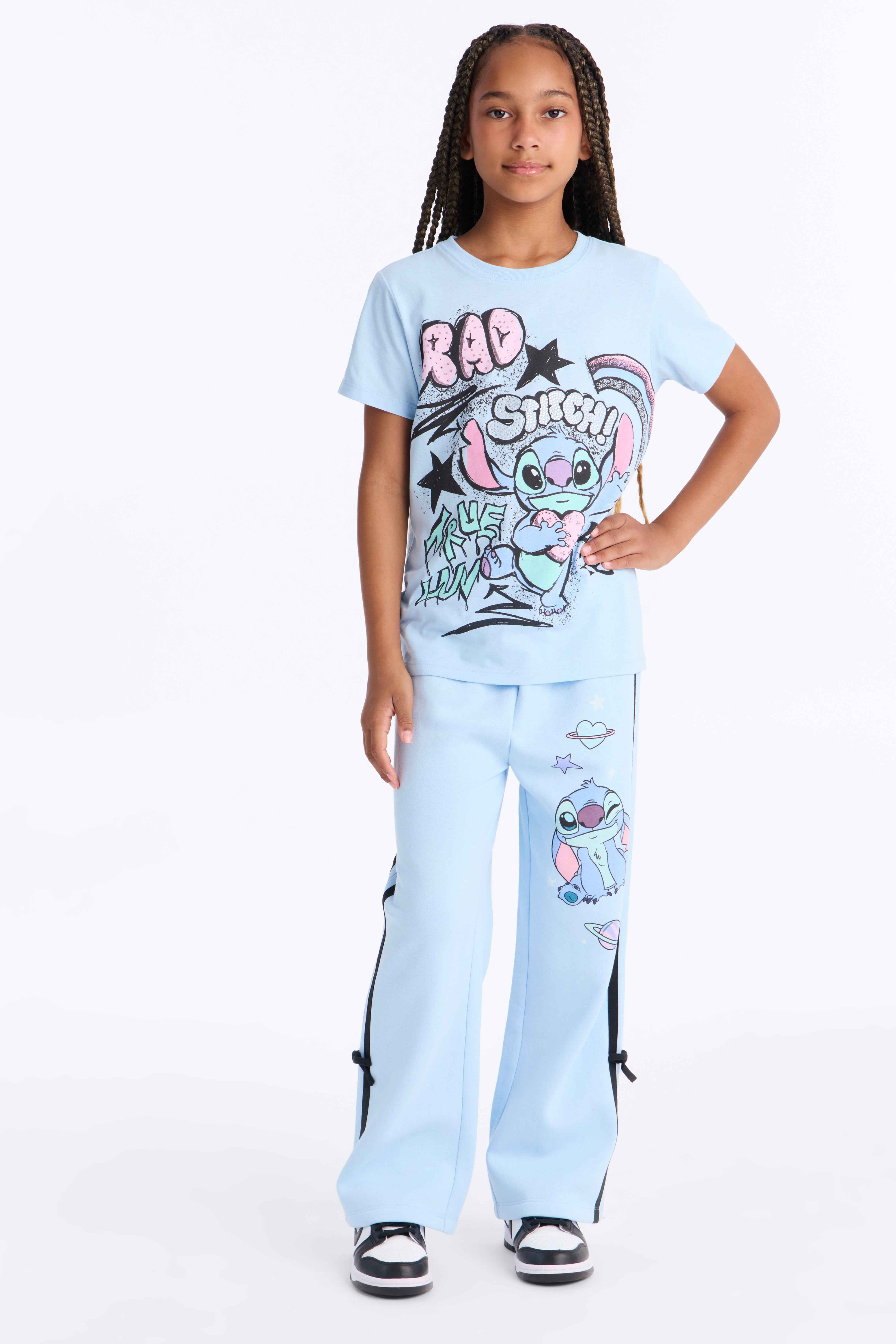 Mini Stitch Graffiti Wide Leg Pant Set - Light Blue