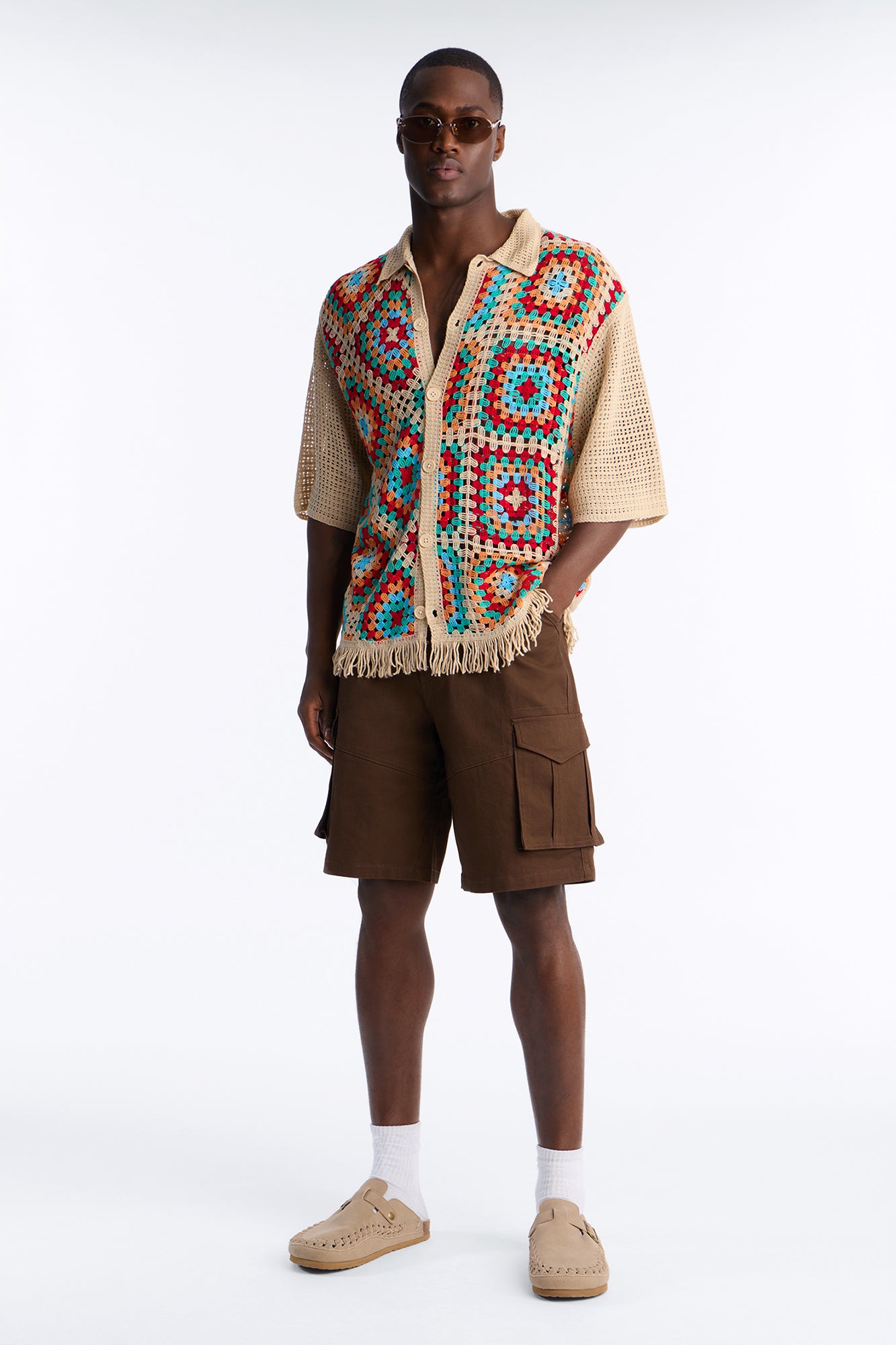 La Playa Crochet Fringe Johnny Collar Button Up Shirt - Taupe/combo