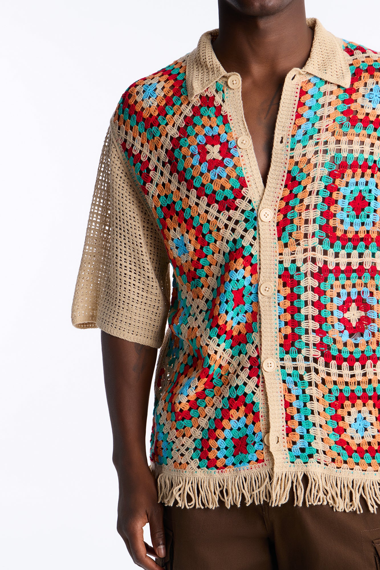 La Playa Crochet Fringe Johnny Collar Button Up Shirt - Taupe/combo