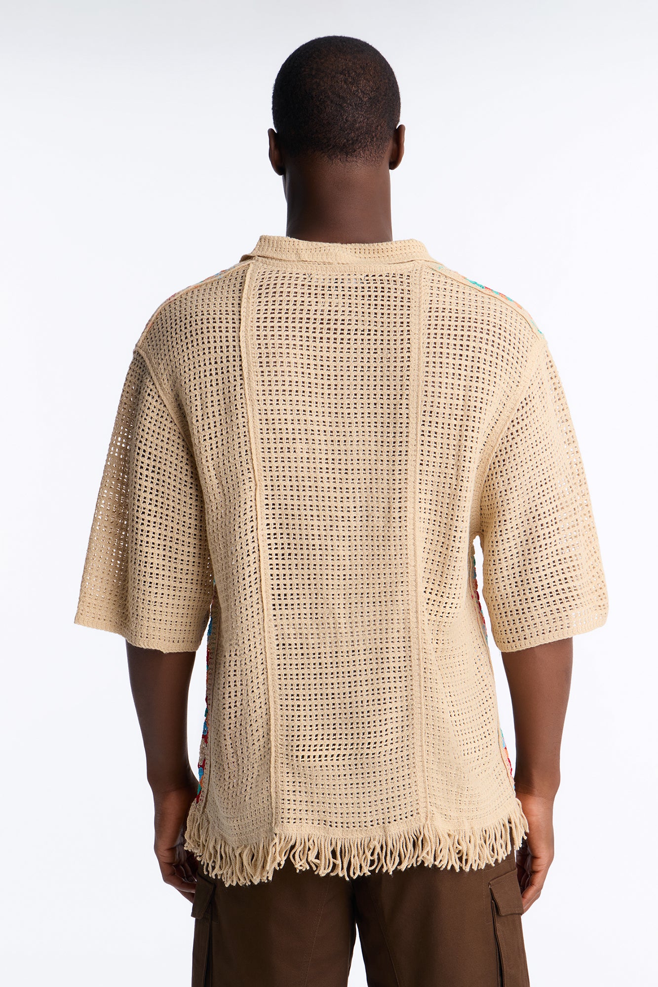 La Playa Crochet Fringe Johnny Collar Button Up Shirt - Taupe/combo