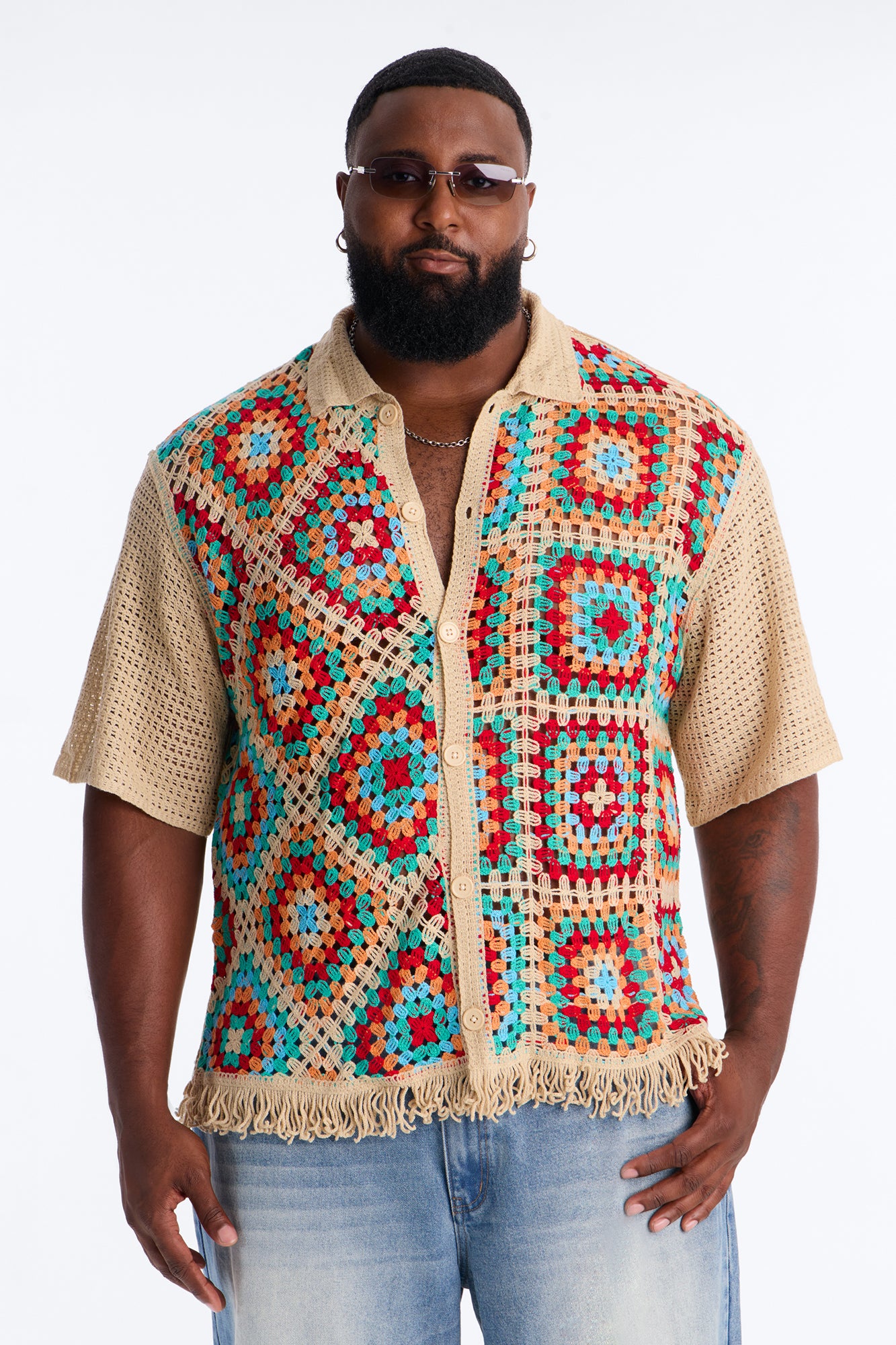 La Playa Crochet Fringe Johnny Collar Button Up Shirt - Taupe/combo