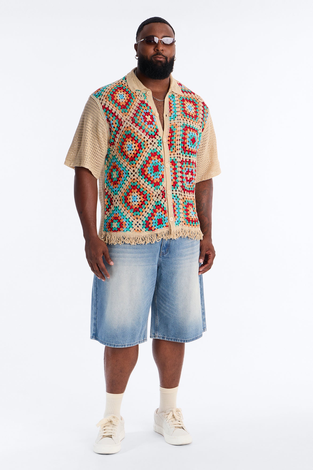 La Playa Crochet Fringe Johnny Collar Button Up Shirt - Taupe/combo