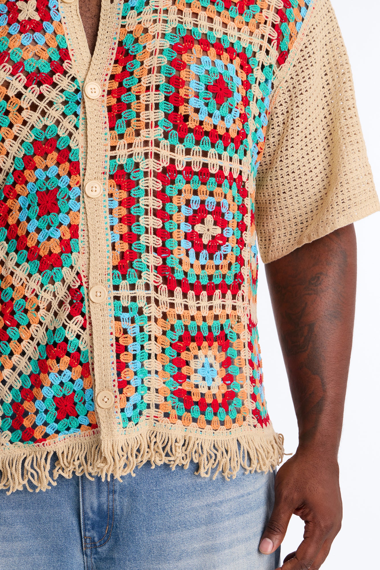 La Playa Crochet Fringe Johnny Collar Button Up Shirt - Taupe/combo