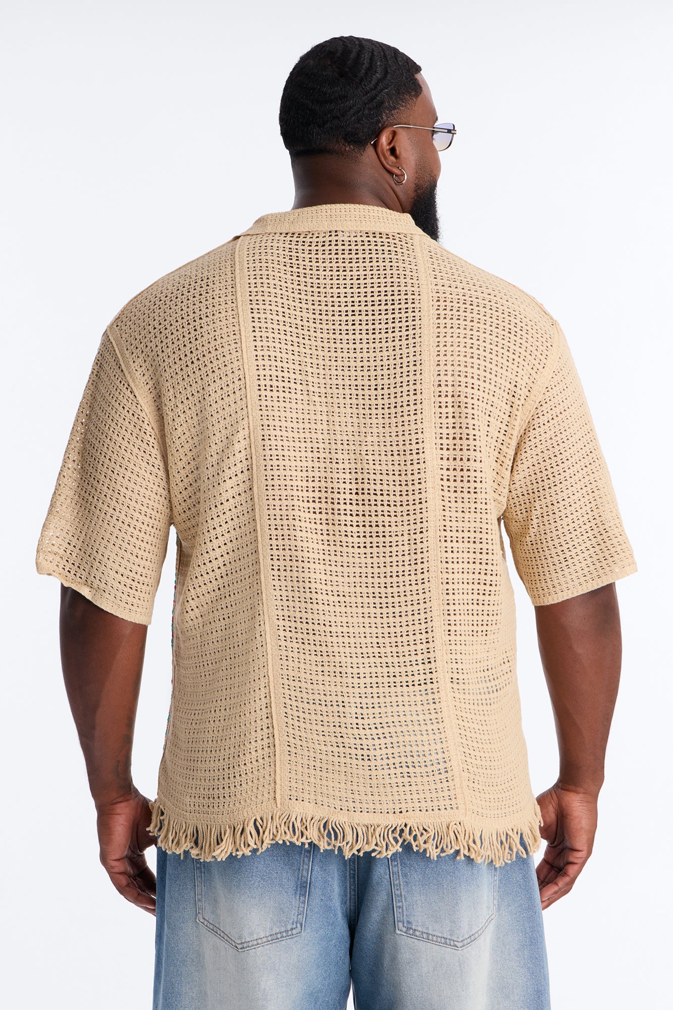 La Playa Crochet Fringe Johnny Collar Button Up Shirt - Taupe/combo