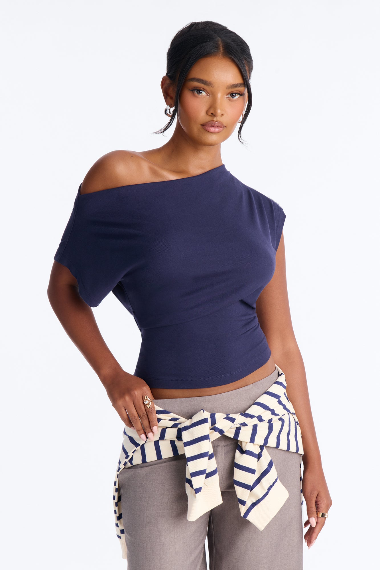 Eva Effortless One Shoulder Top - Navy