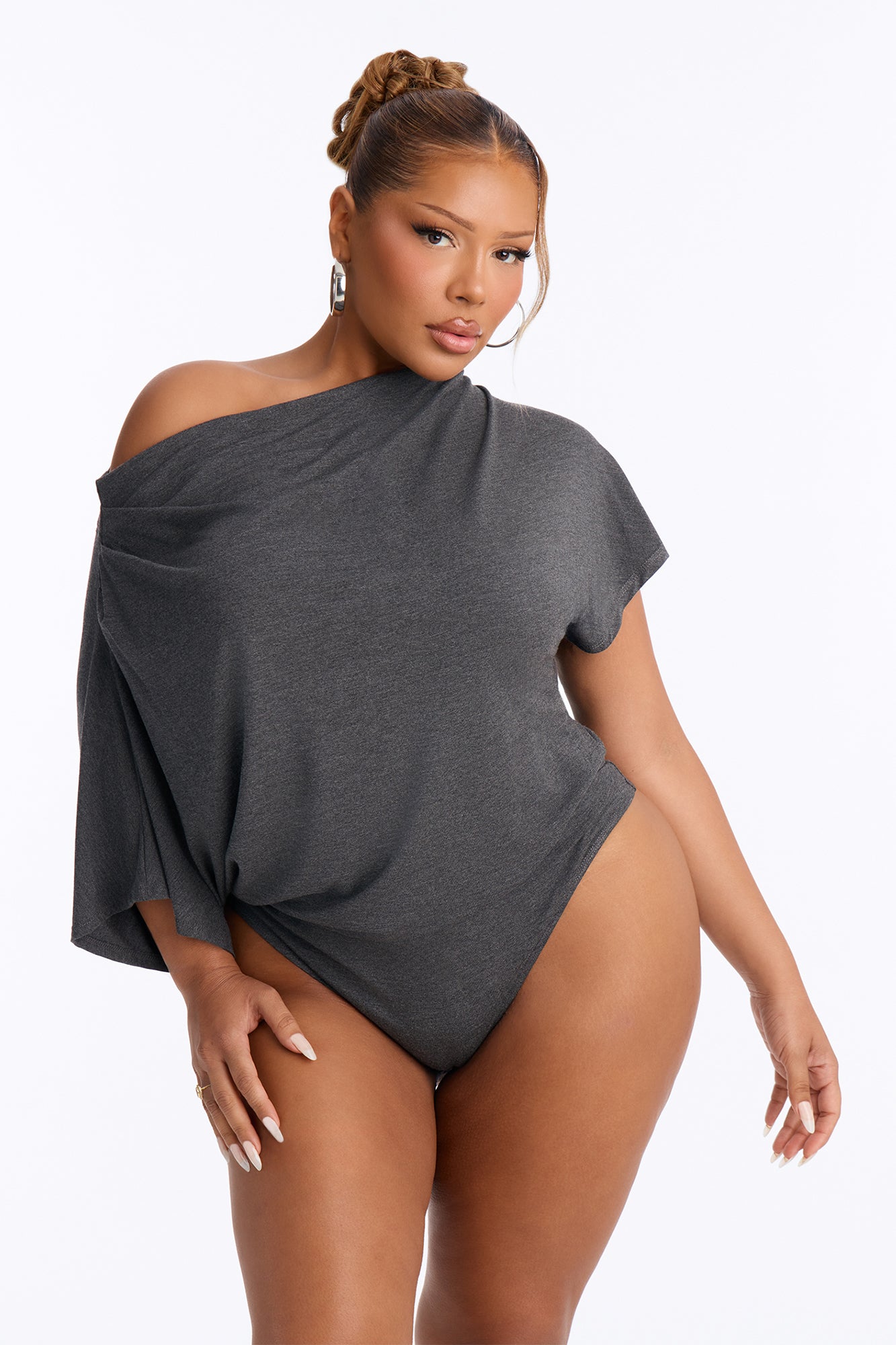 Flatter Me Off Shoulder Bodysuit - Charcoal