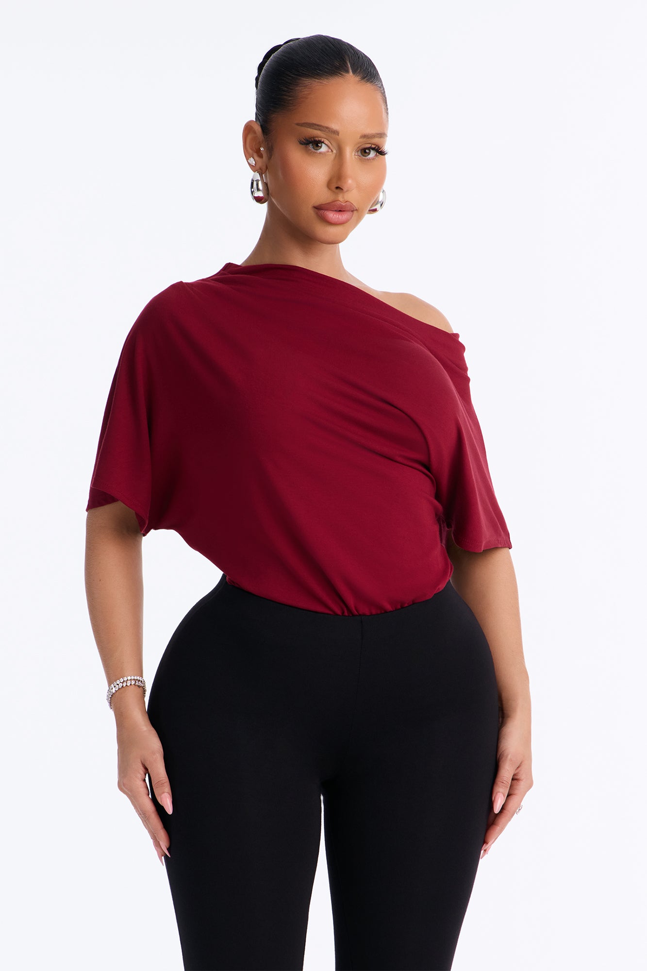 Flatter Me Off Shoulder Bodysuit - Wine