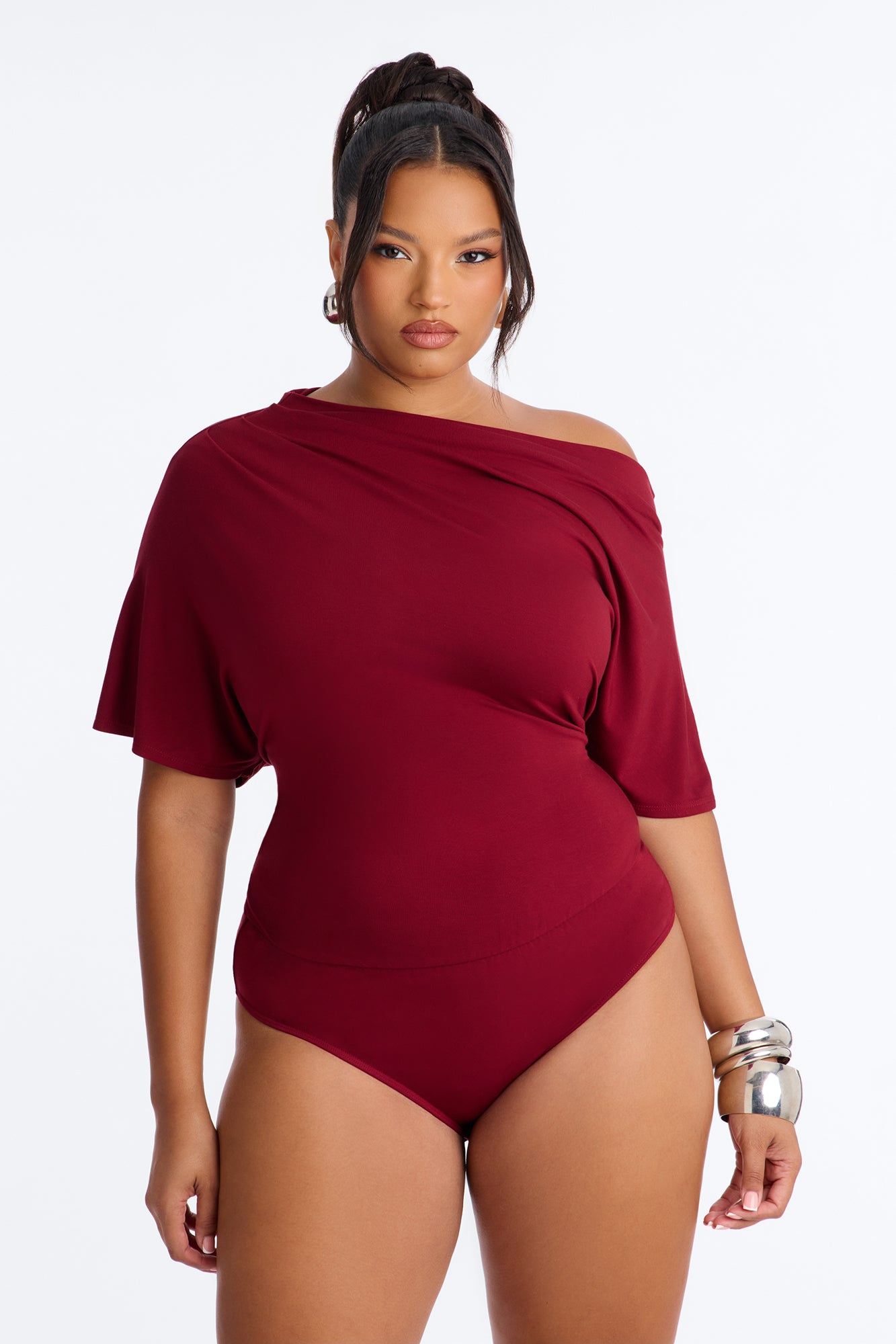 Flatter Me Off Shoulder Bodysuit - Wine
