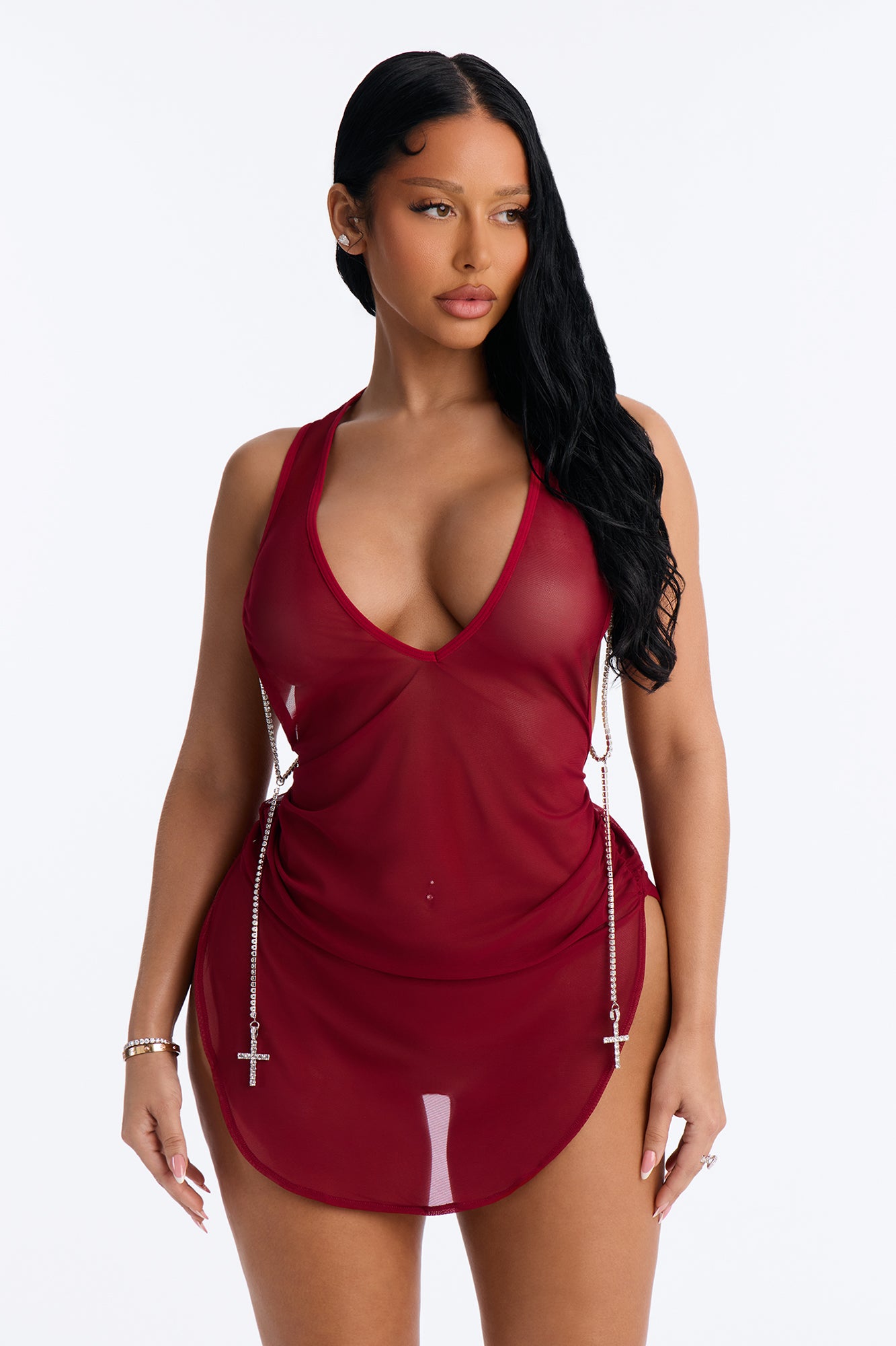 Laying Low Swim Cover Up Cross Chain Dress - Burgundy
