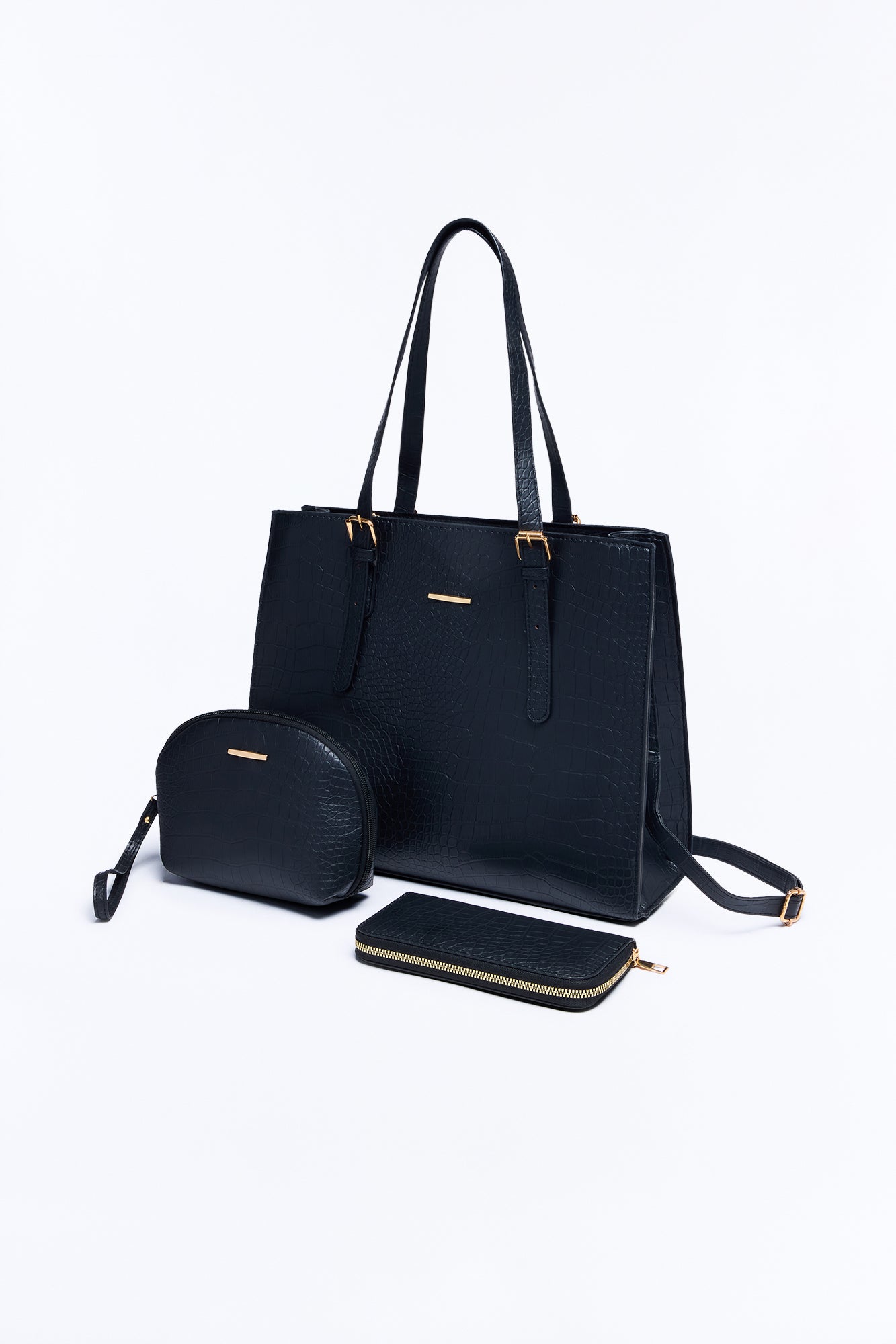More Than A Faux Leather 3 Piece Tote Handbag Set - Black