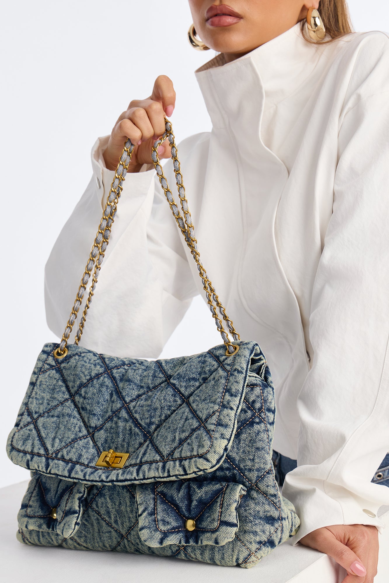 Quilt Trip Denim Oversized Shoulder Handbag - Denim