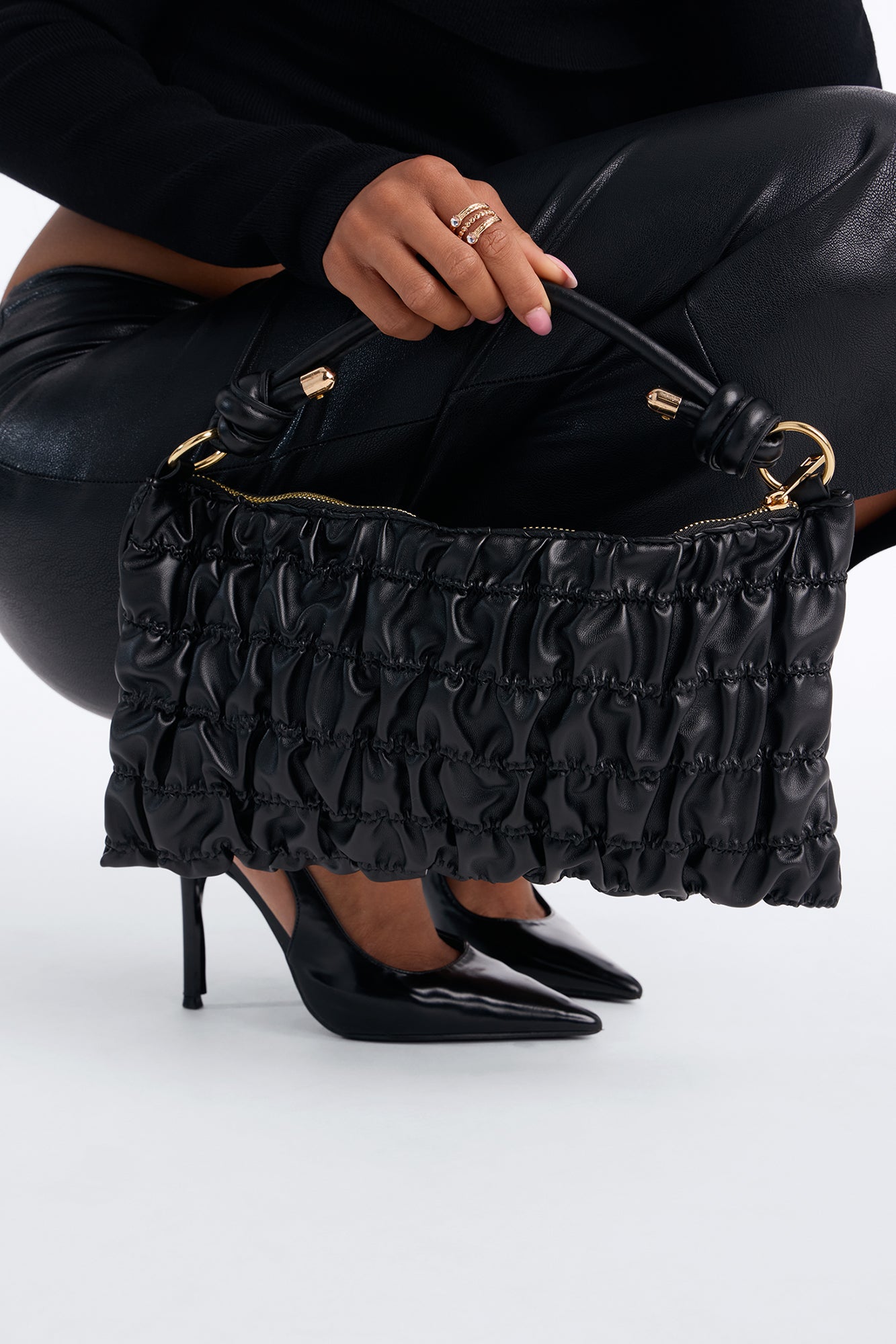 Stitch Please Faux Leather Shoulder Handbag - Black