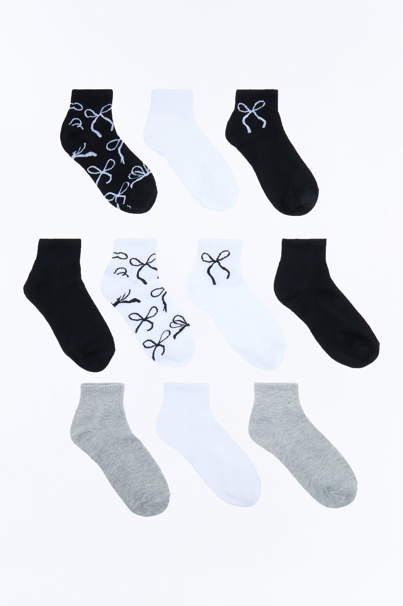 10 Pack Bow Quarter Length Socks - Black/combo