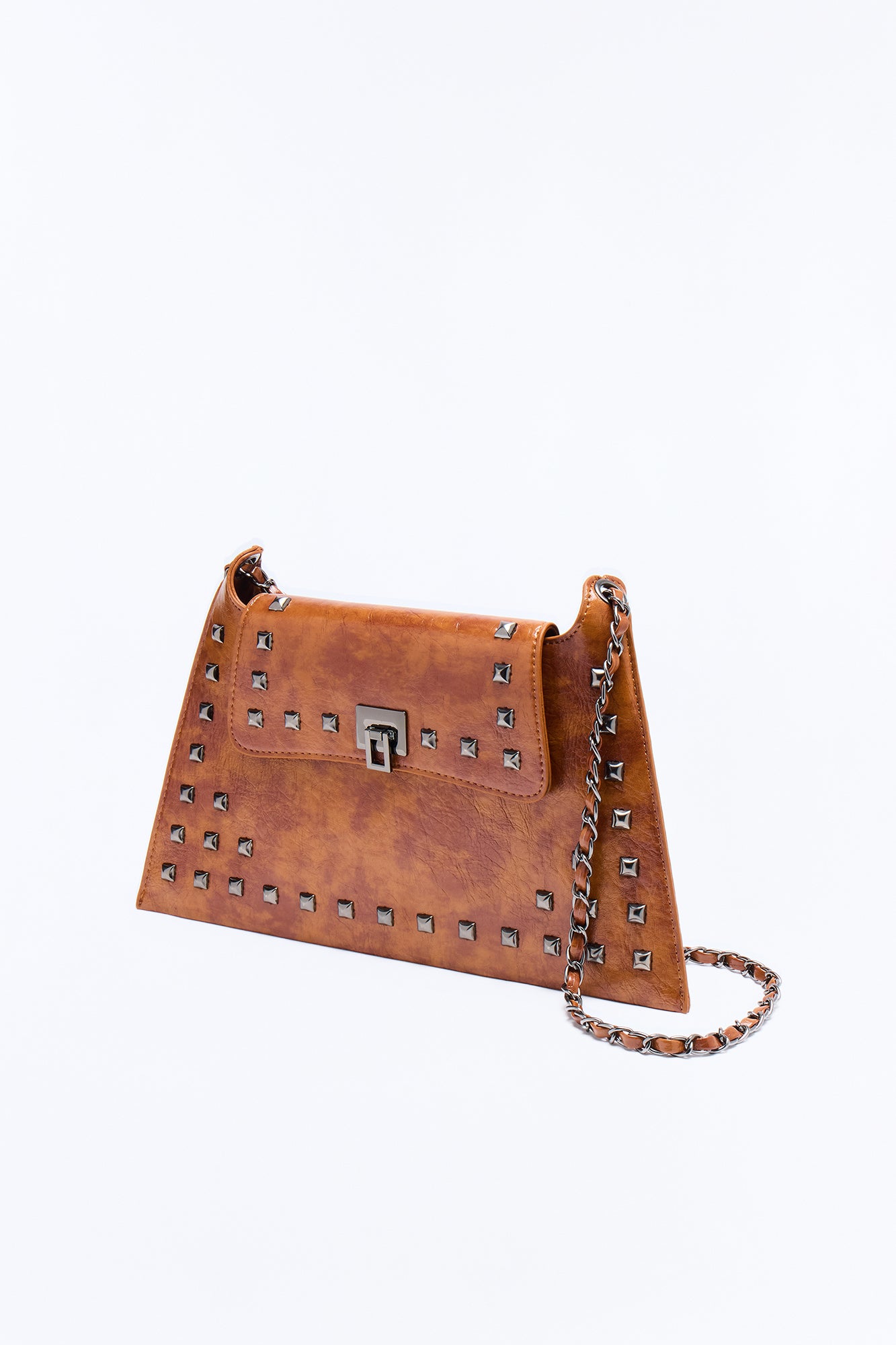 Stud Behavior Faux Leather Shoulder Handbag - Brown