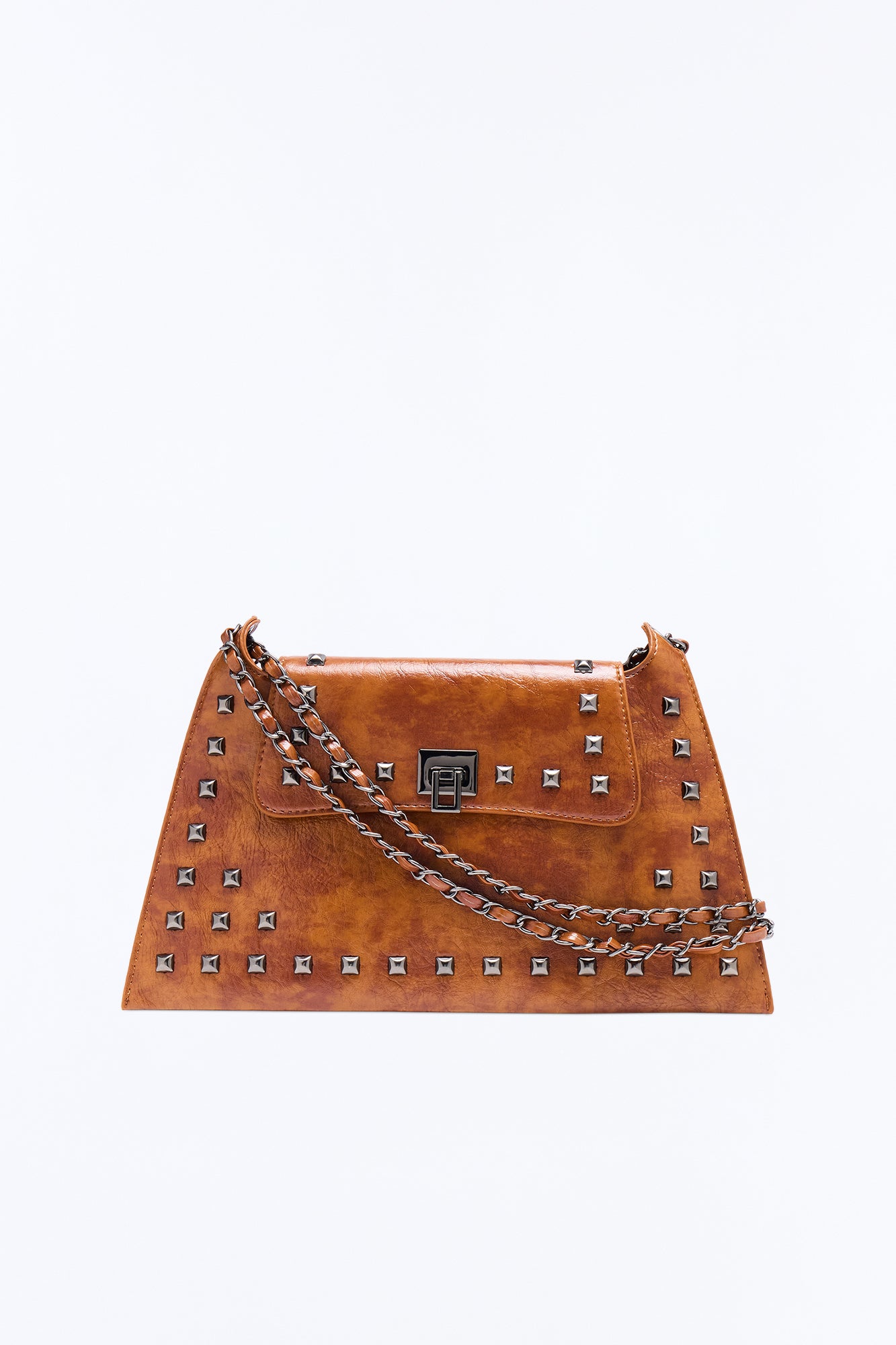 Stud Behavior Faux Leather Shoulder Handbag - Brown