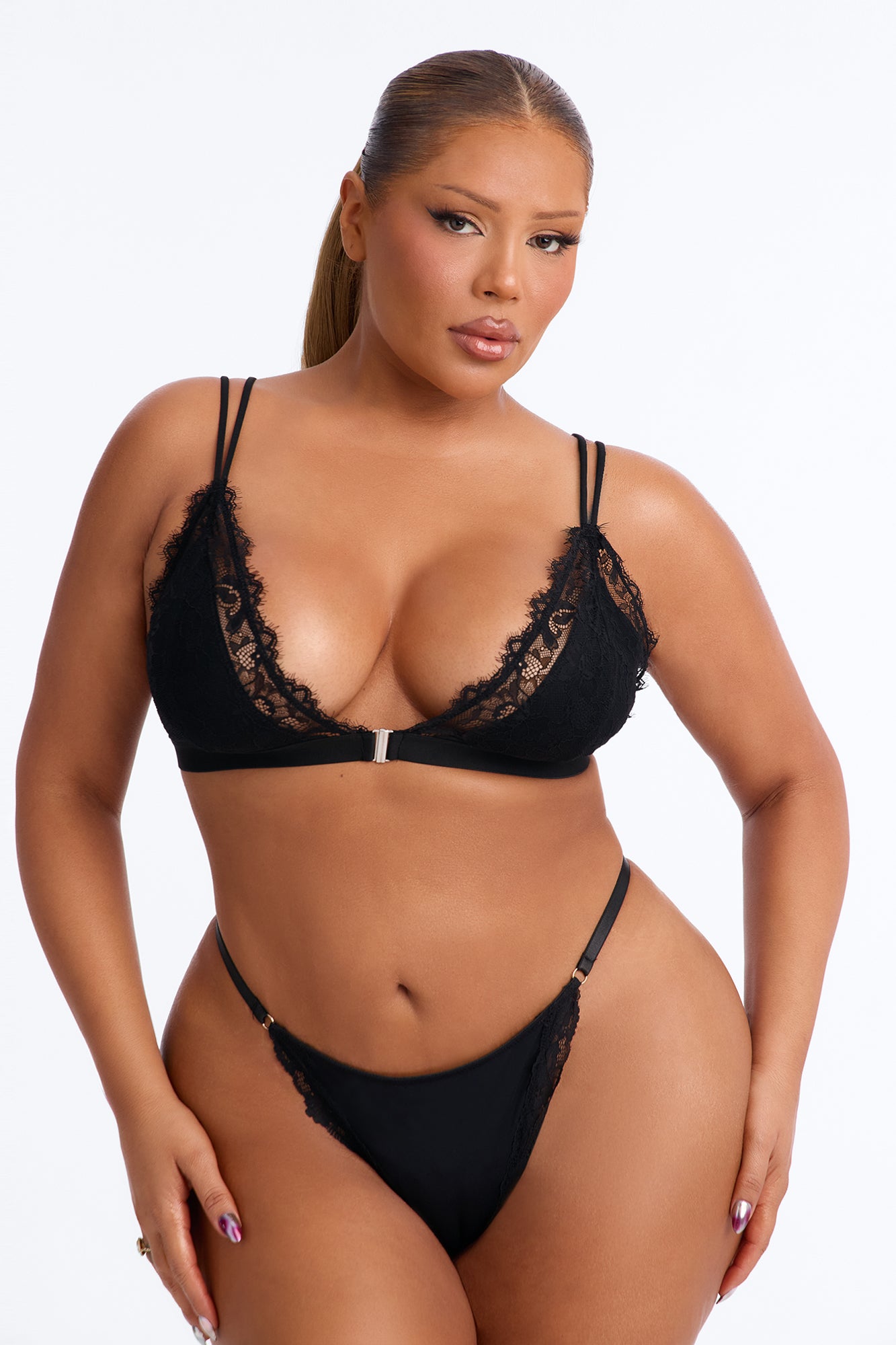 Nova Shiny Smooth Lace Trim Thong - Black
