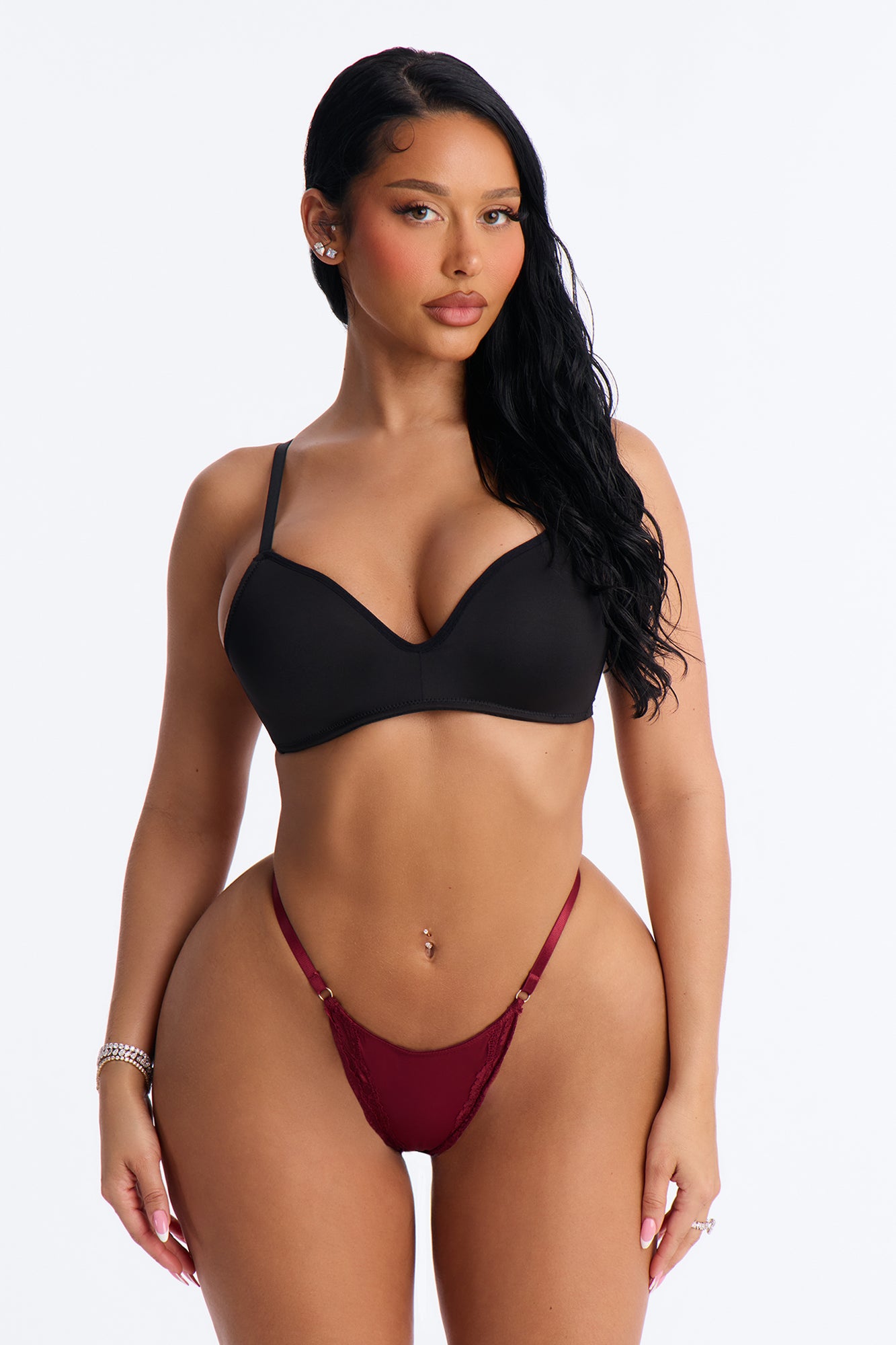 Nova Shiny Smooth Lace Trim Thong - Burgundy