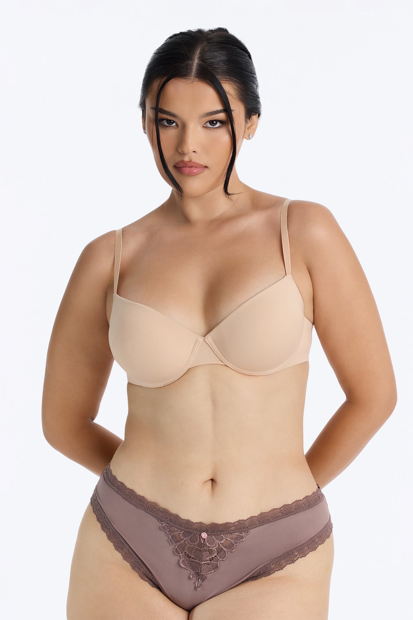 Nova Lace Trim Stretch Thong Panty - Taupe