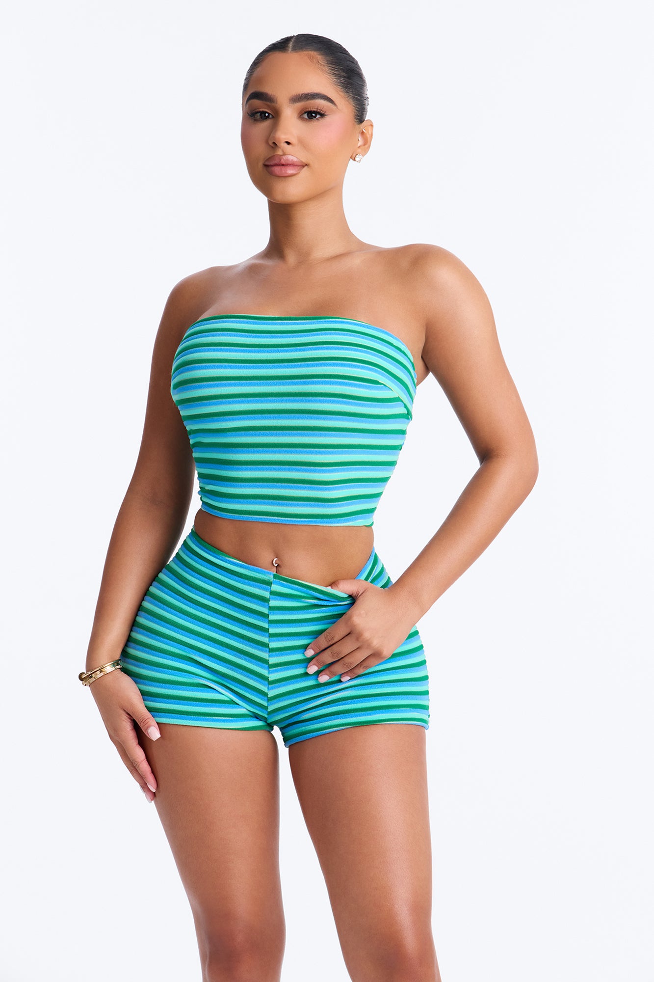 Ivana Striped 2 Piece Bandeau Bikini & Boy Short Set - Blue/combo
