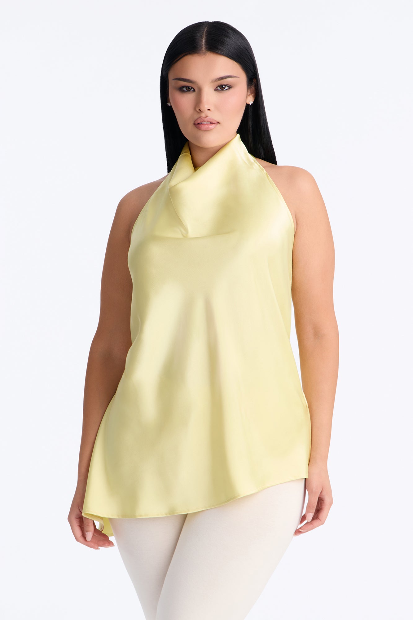 Teagan High Neck Satin Halter Top - Butter Yellow