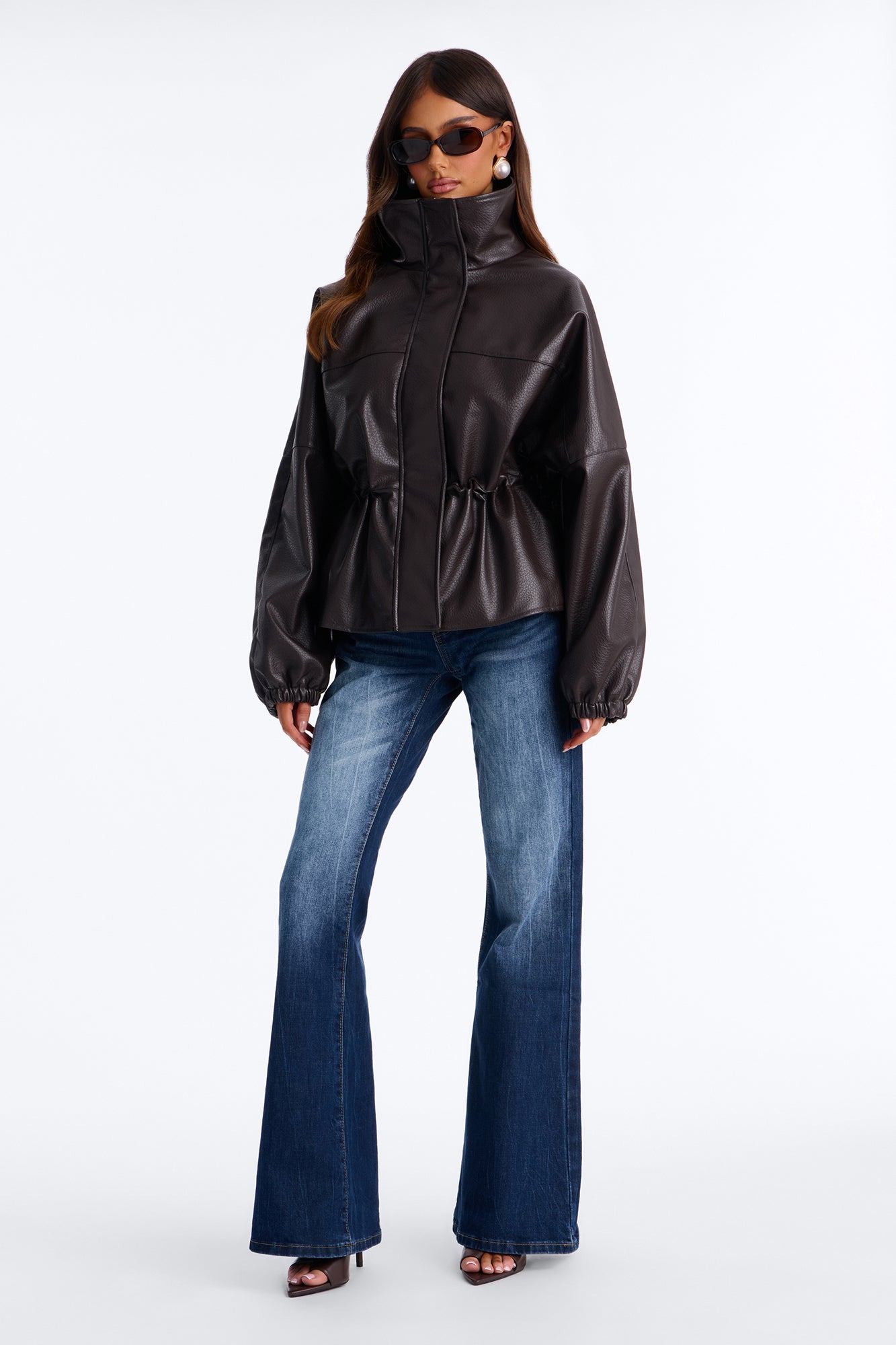 Effortless Funnel Neck Faux Leather Anorak - Chocolate