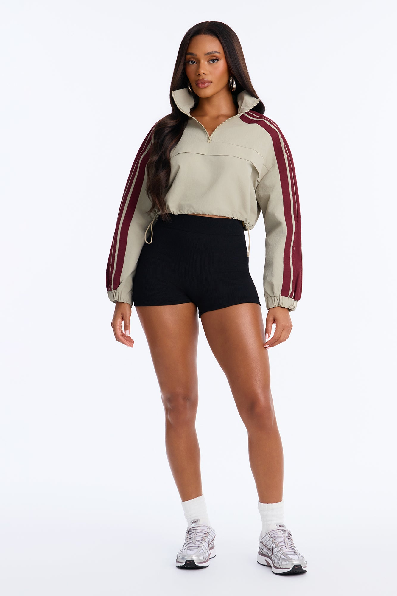 Power Moves Cropped Half Zip Funnel Neck Windbreaker Jacket - Olive/combo