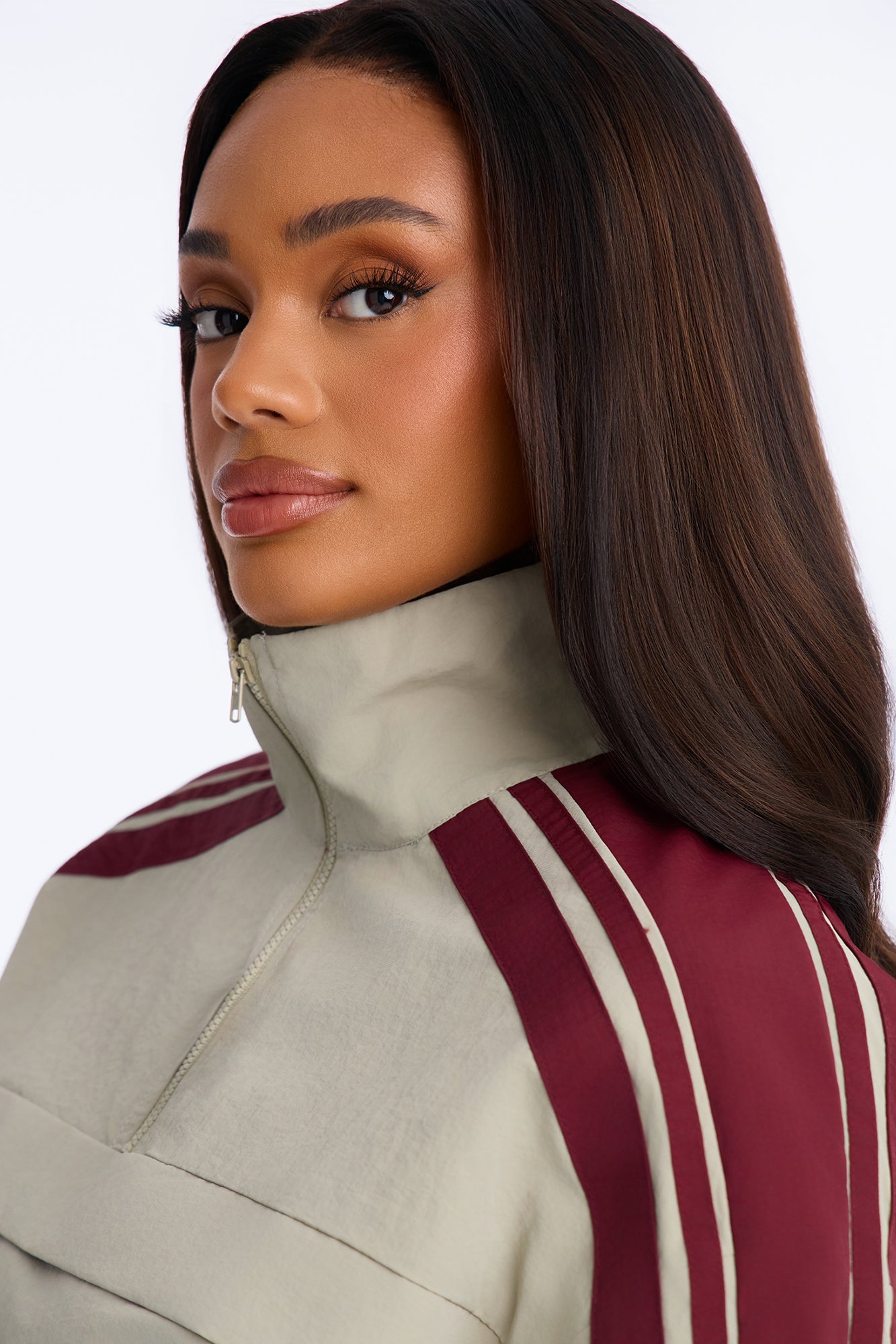 Power Moves Cropped Half Zip Funnel Neck Windbreaker Jacket - Olive/combo