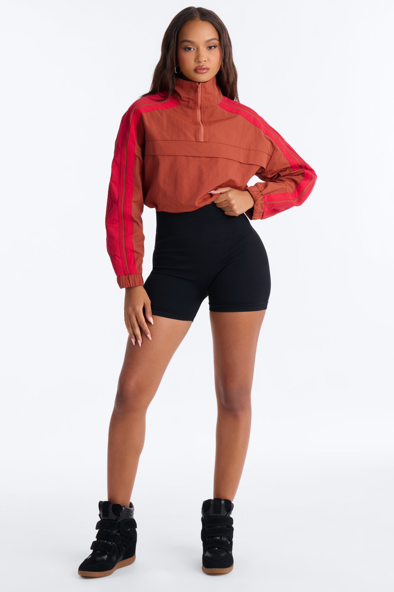 Power Moves Cropped Half Zip Funnel Neck Windbreaker Jacket - Rust/combo