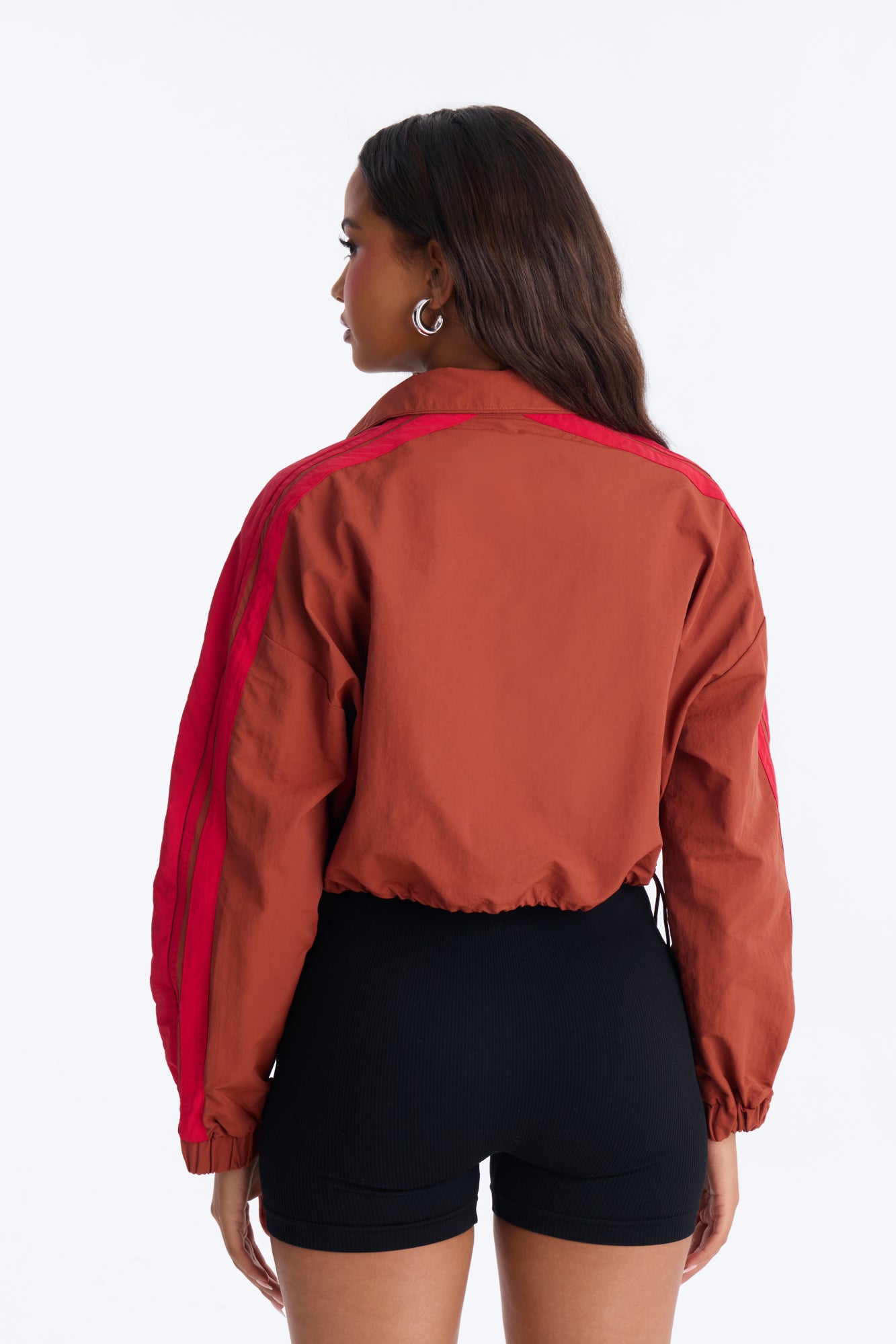 Power Moves Cropped Half Zip Funnel Neck Windbreaker Jacket - Rust/combo