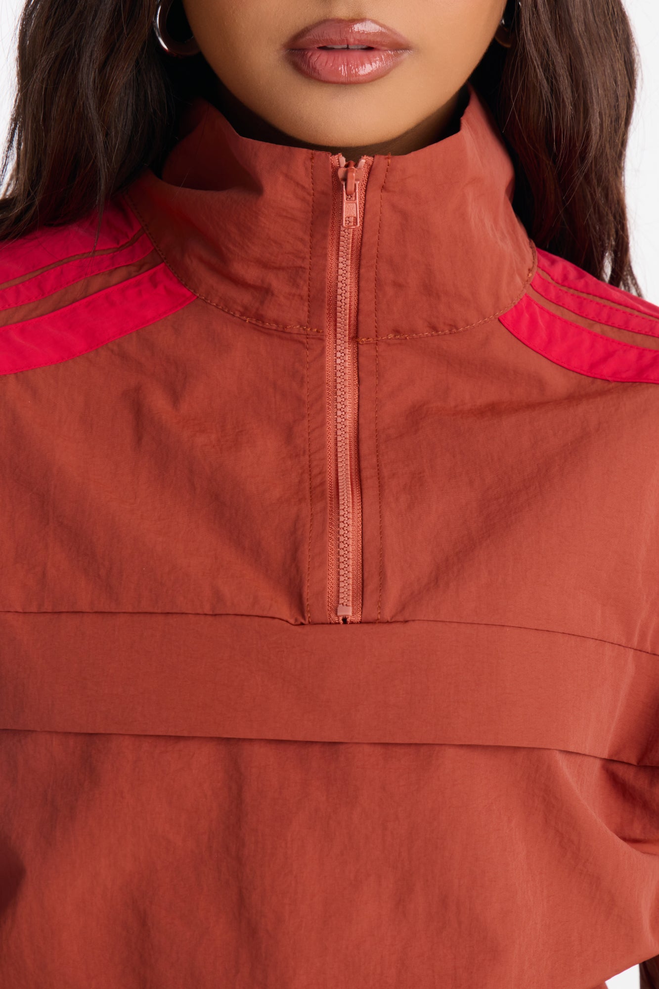 Power Moves Cropped Half Zip Funnel Neck Windbreaker Jacket - Rust/combo