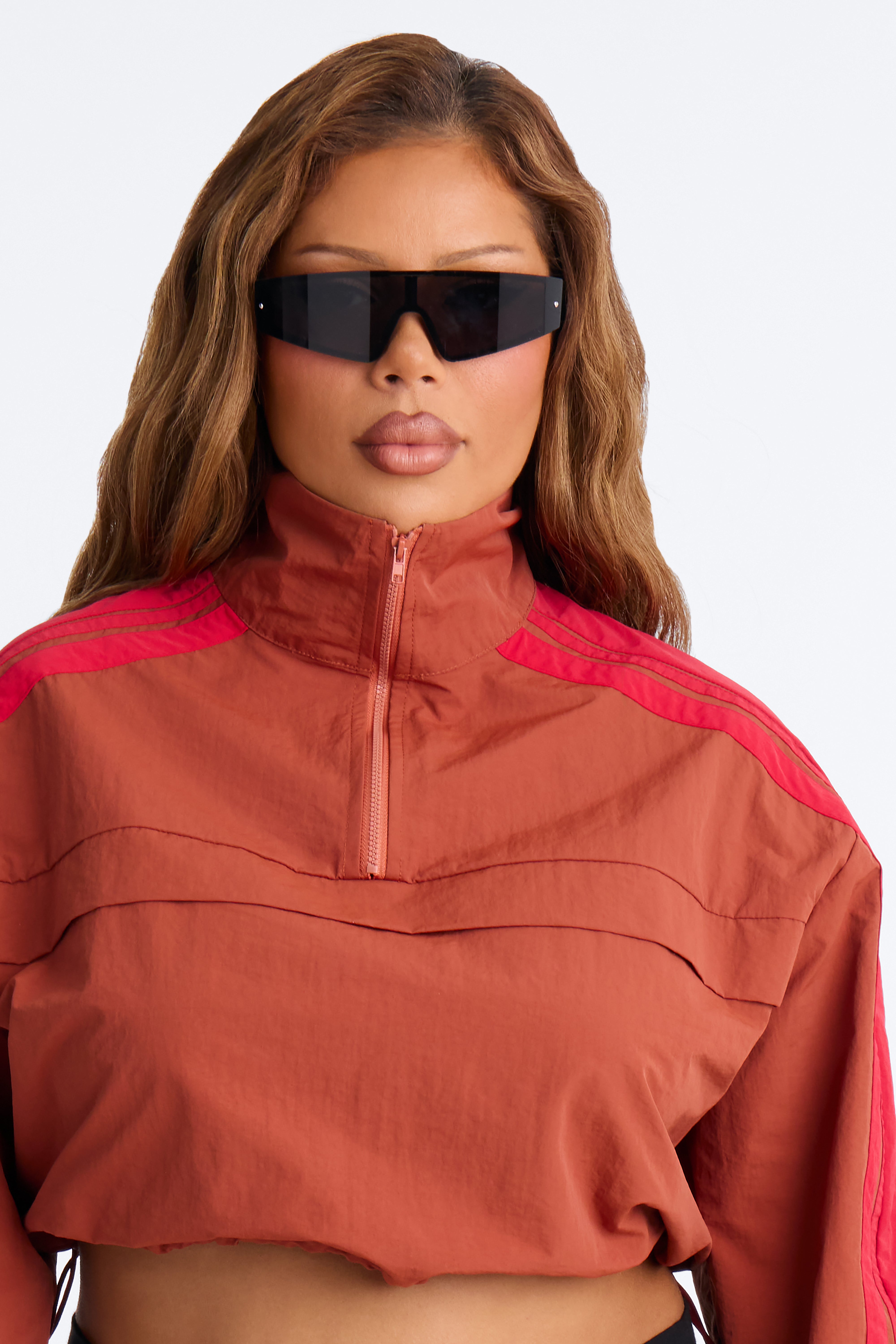 Power Moves Cropped Half Zip Funnel Neck Windbreaker Jacket - Rust/combo