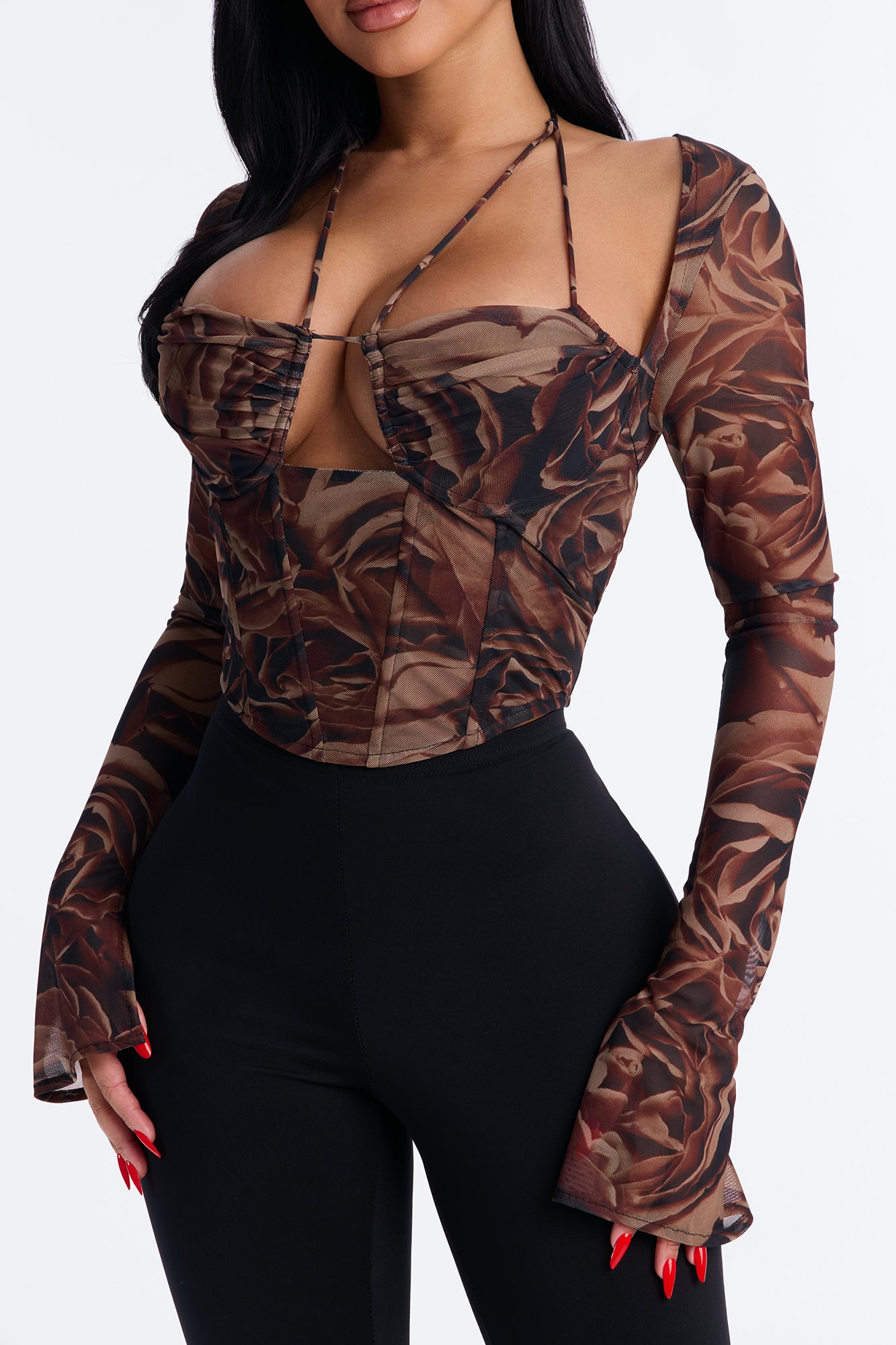 Miranda Mesh Floral Corset Top - Brown/combo