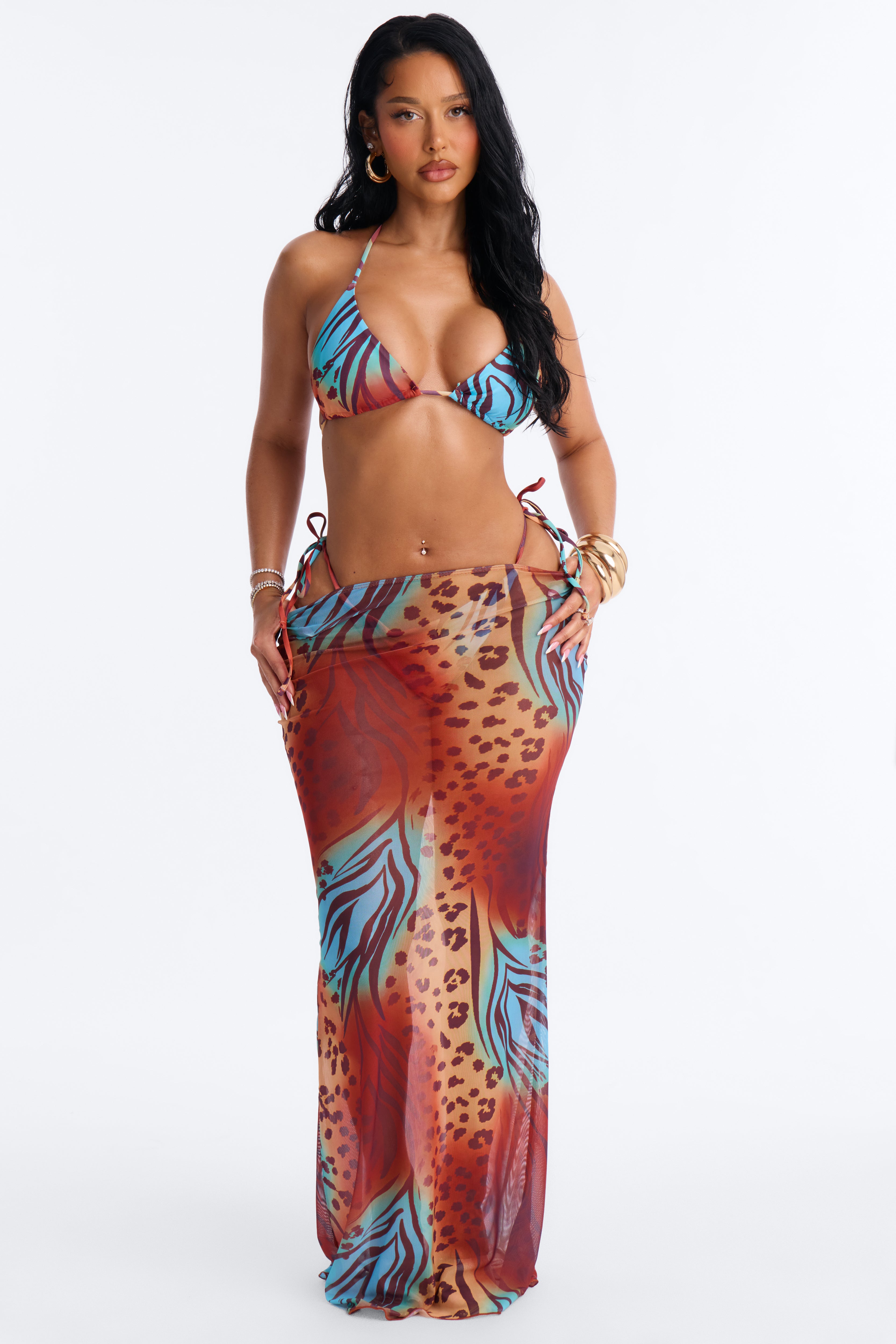 Cady Leopard 3 Piece Triangle Bikini Set & Cover Up Sunsuit - Multi Color