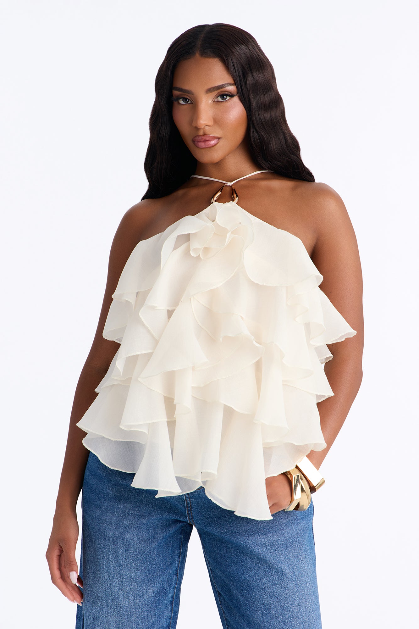 Ruffle Cutie Hardware Organza Halter Top - Ivory