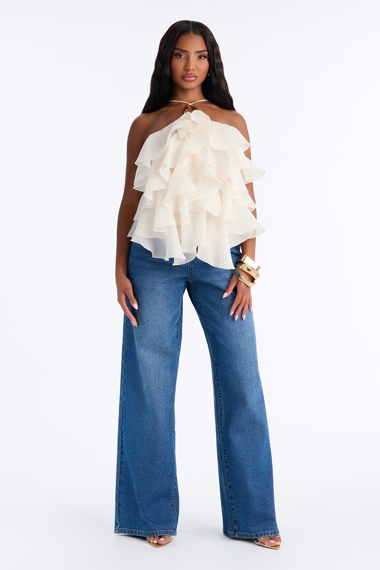 Ruffle Cutie Hardware Organza Halter Top - Ivory