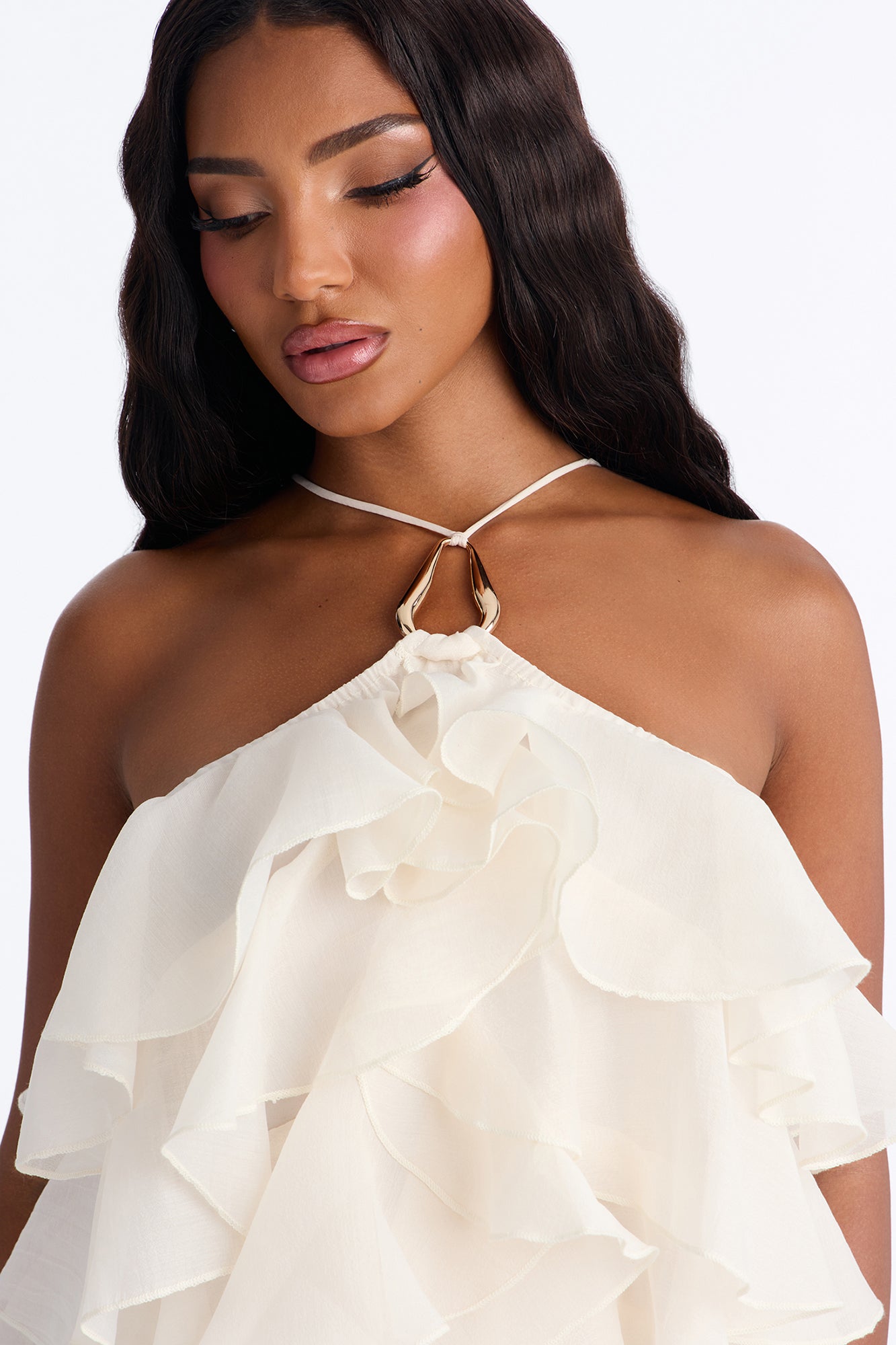 Ruffle Cutie Hardware Organza Halter Top - Ivory