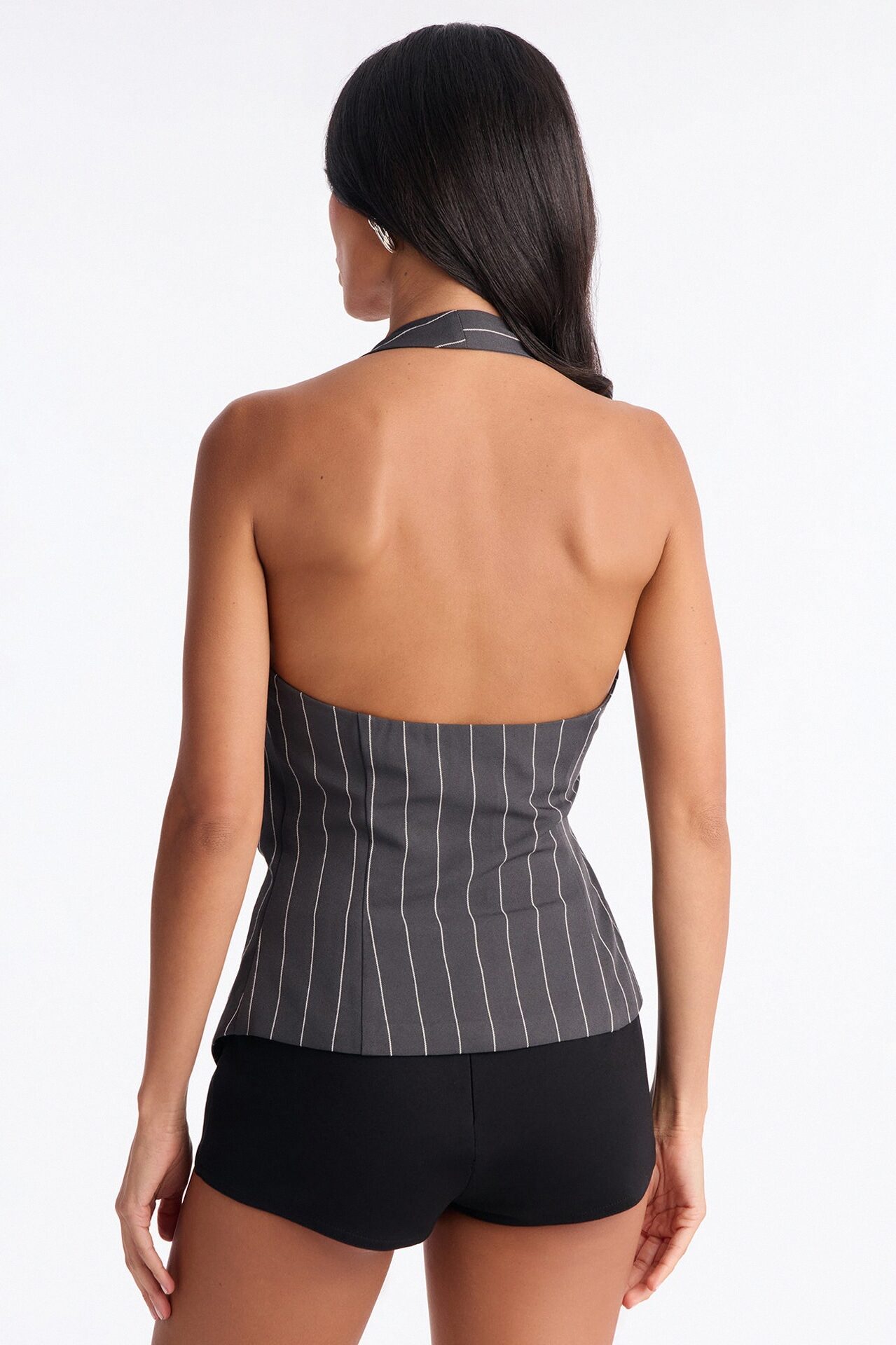 On My Grind Pinstripe Halter Top - Charcoal/combo