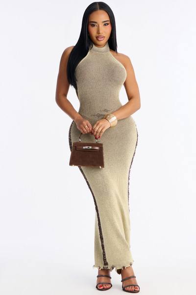 Melrose Distressed Sweater Maxi Dress - Olive/combo