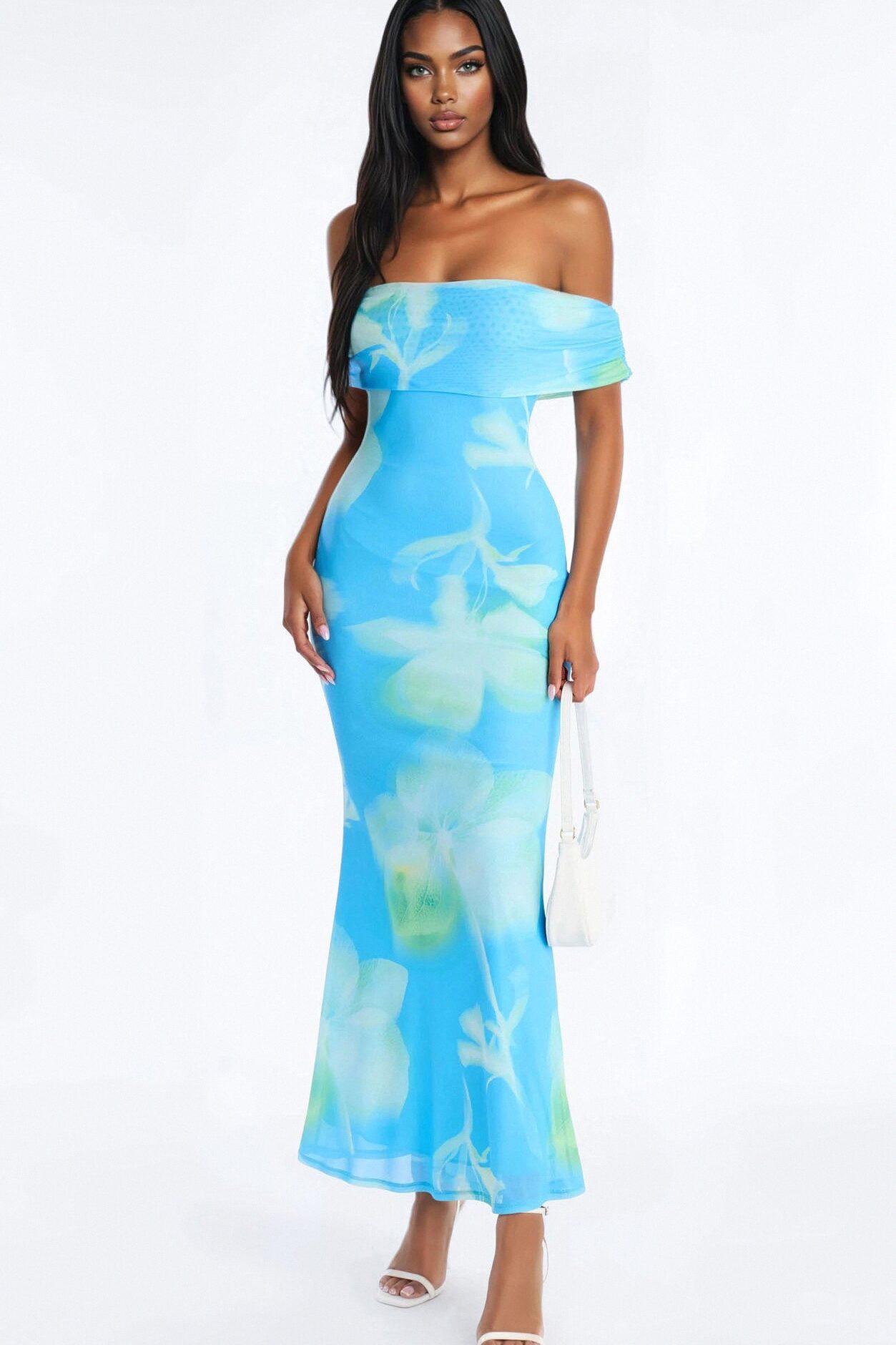 Emilee Off Shoulder Mesh Maxi Dress - Blue/combo
